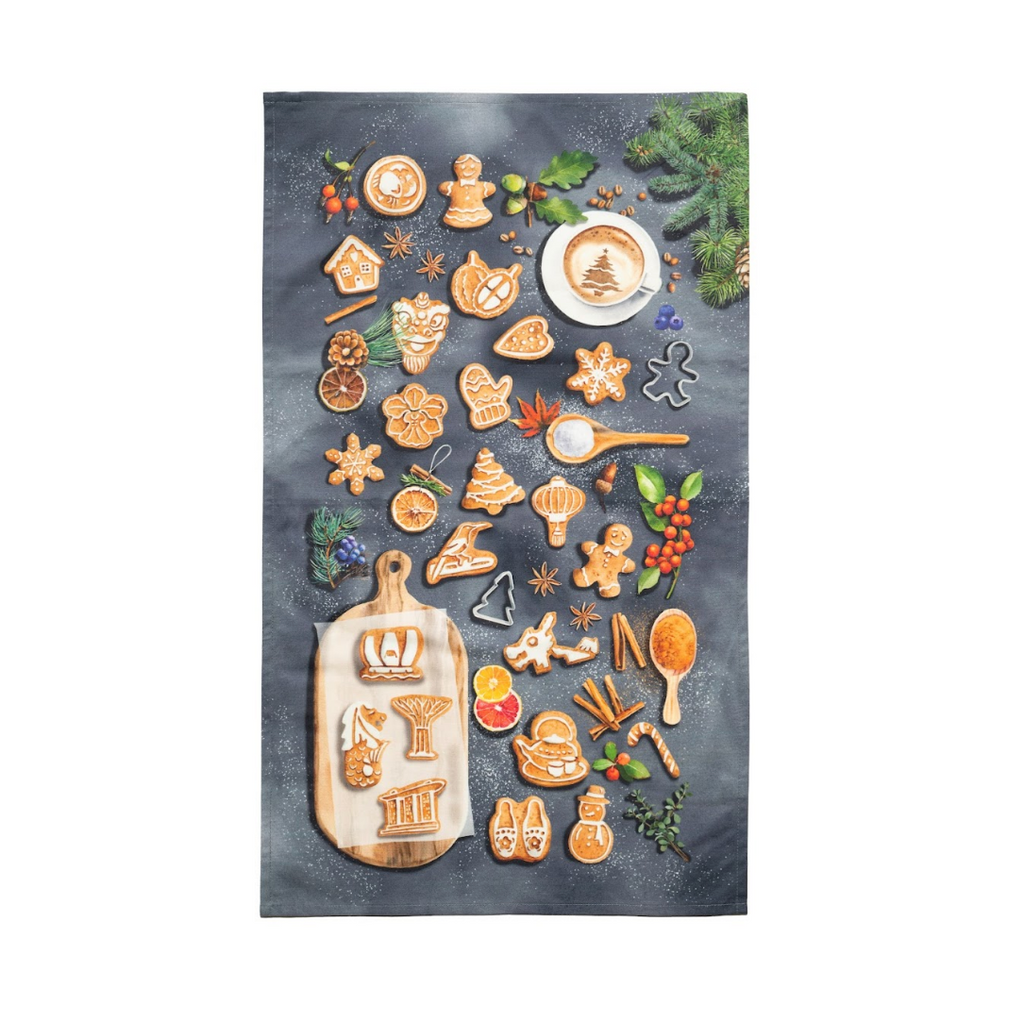 Singlapa kitchen towel with Singapore Christmas-themed cookies and utensils on a dark background