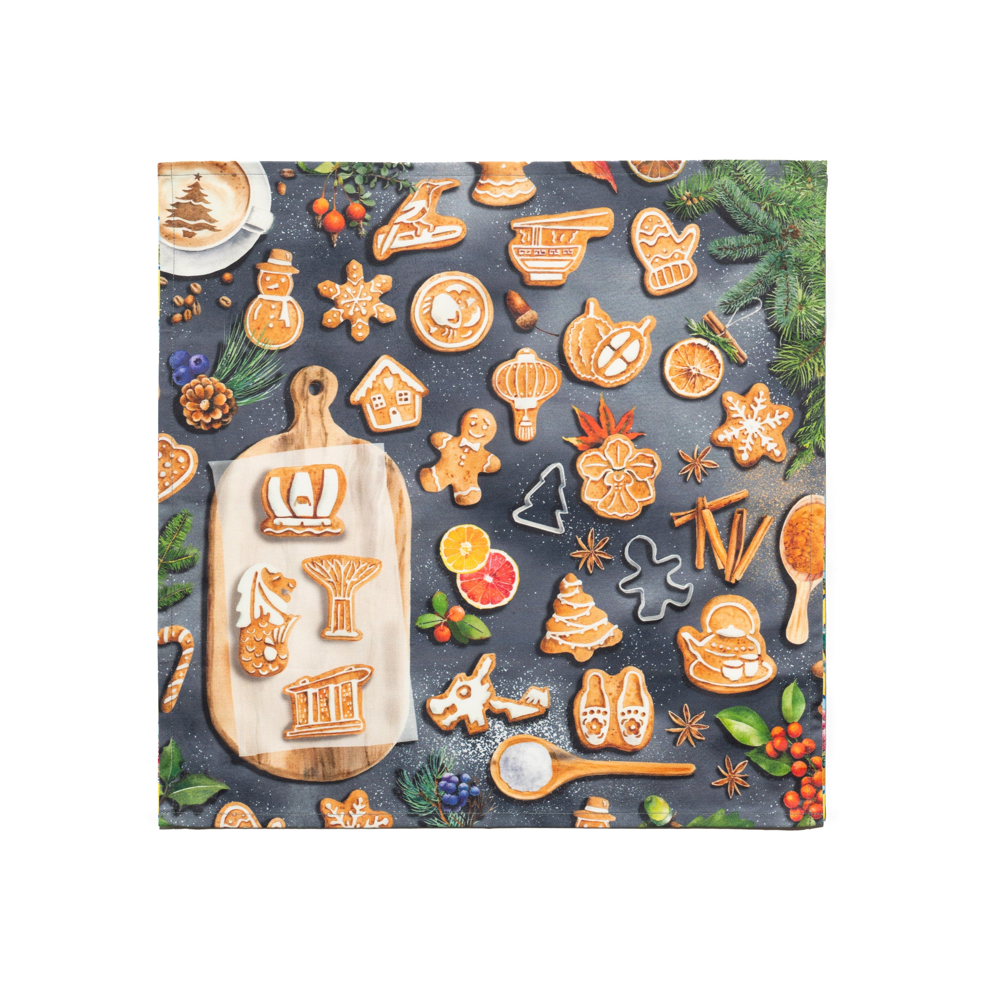 Singlapa napkin with a Christmas-themed pattern featuring gingerbread man shapes and various festive cookies against a dark background.