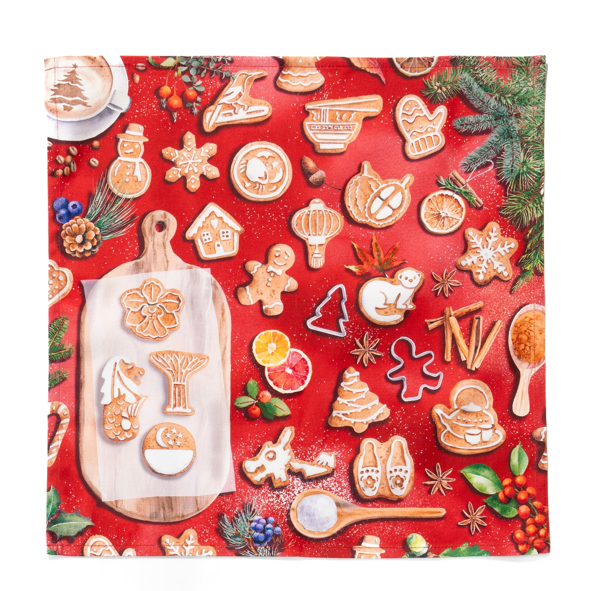 Singlapa napkin with a red background featuring various hand-painted gingerbread man designs, Singapore's iconic landmarks, and festive holiday motifs.