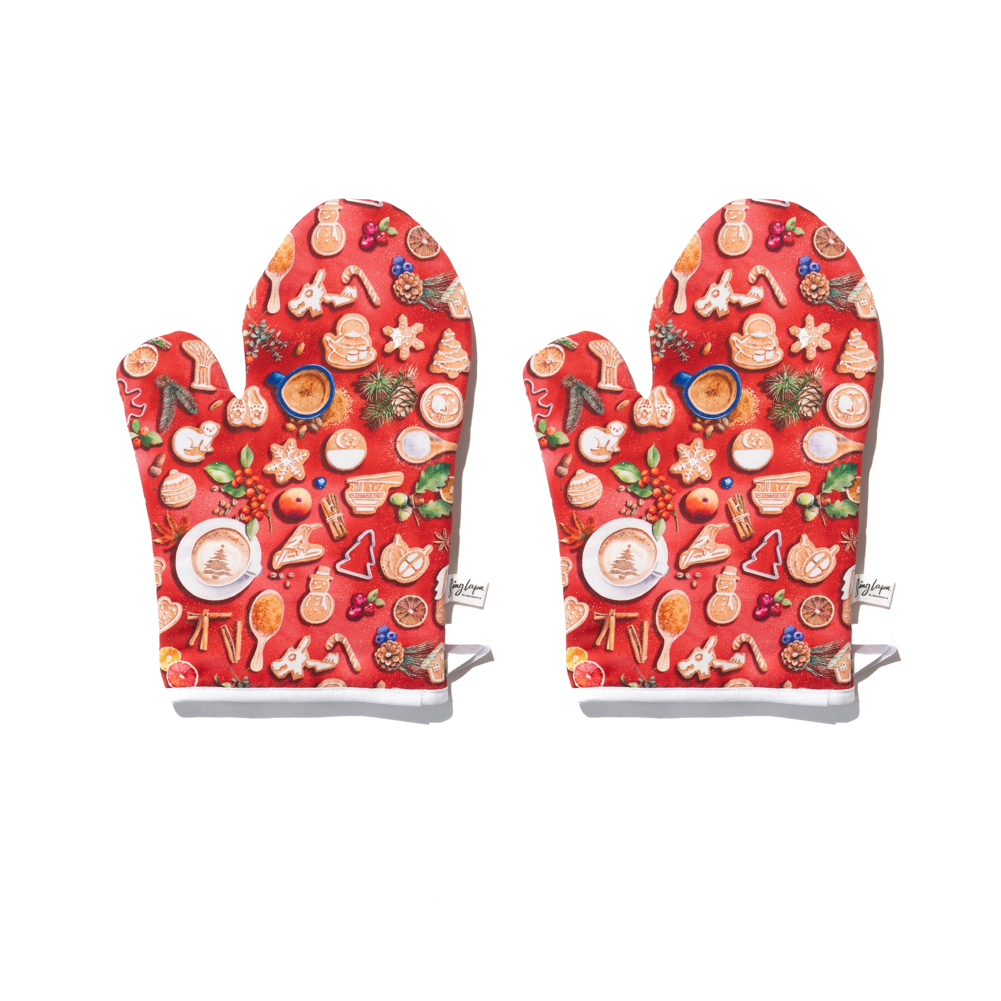 Singlapa red oven mitts with Singapore christmas themed gingerbread man