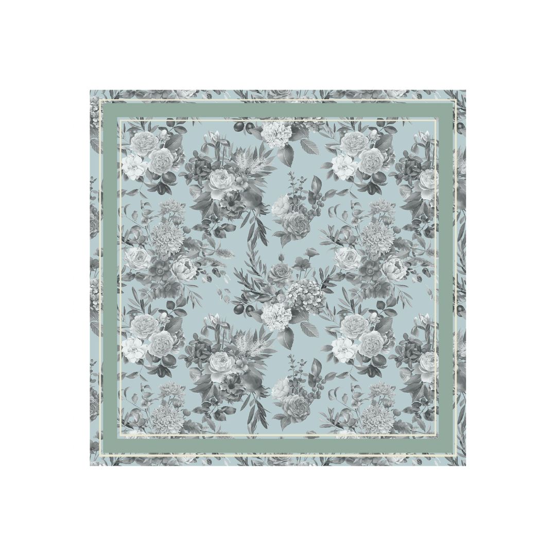 Singlapa pocket square with bouquets of grey flowers on a light blue background