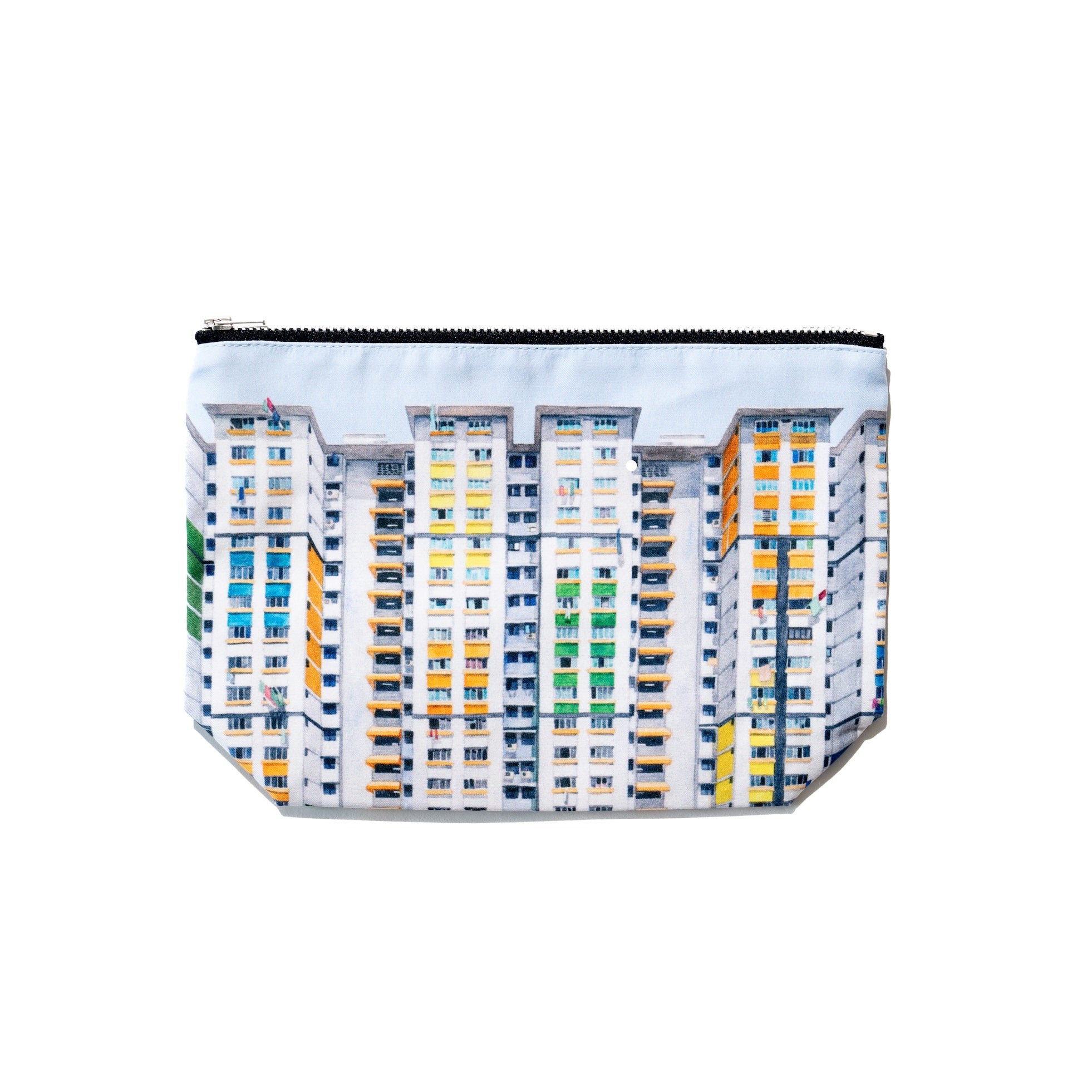 Singlapa multicolored pouch with a printed pattern of HDB flats, featuring a zipper closure.