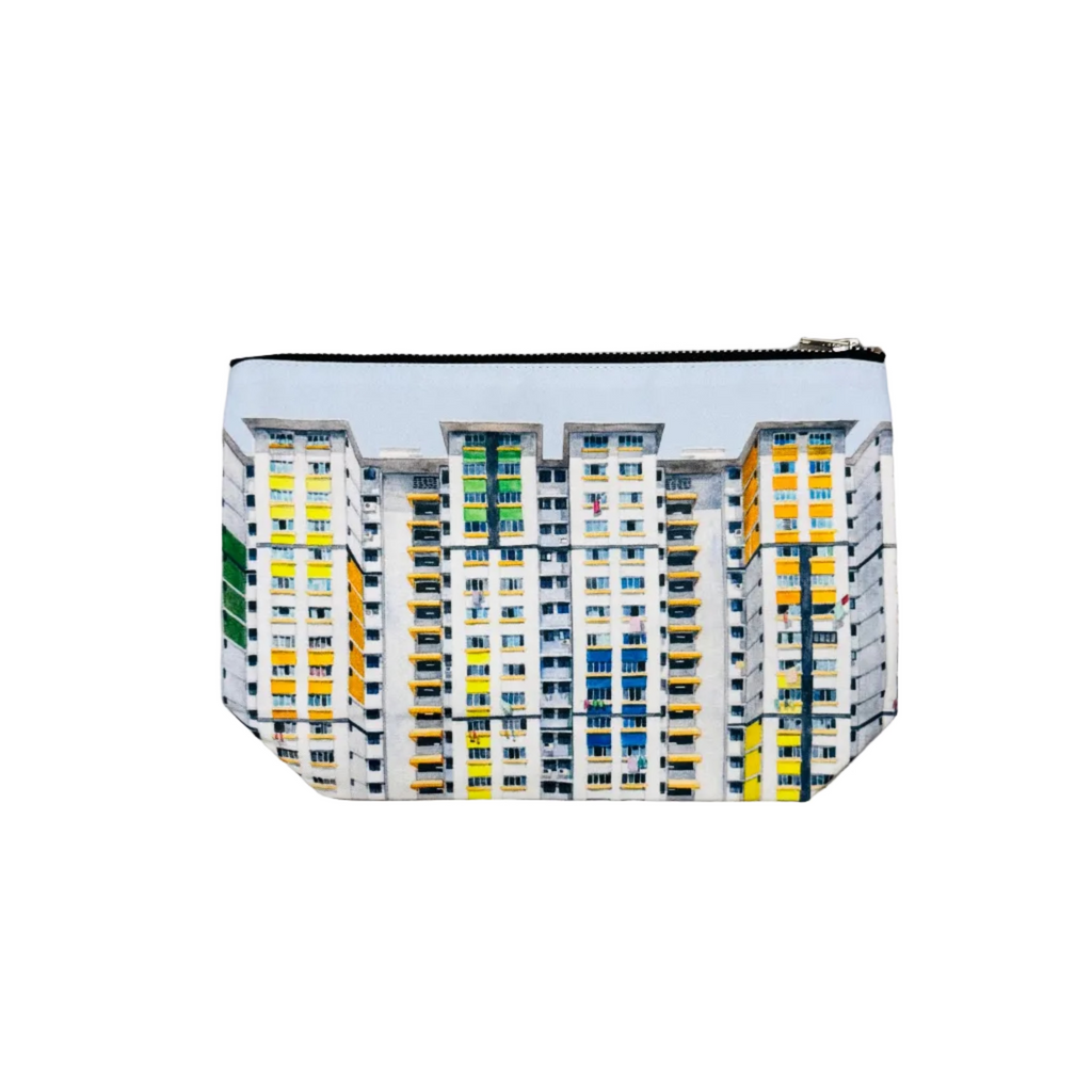 Pouch with a cityscape design on a white surface