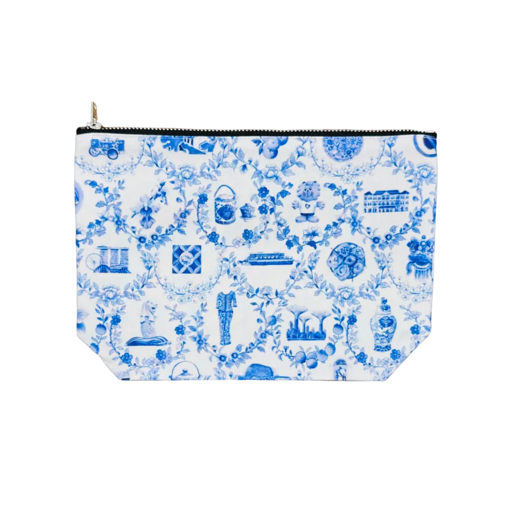 Pouch with blue and white pattern on a white surface