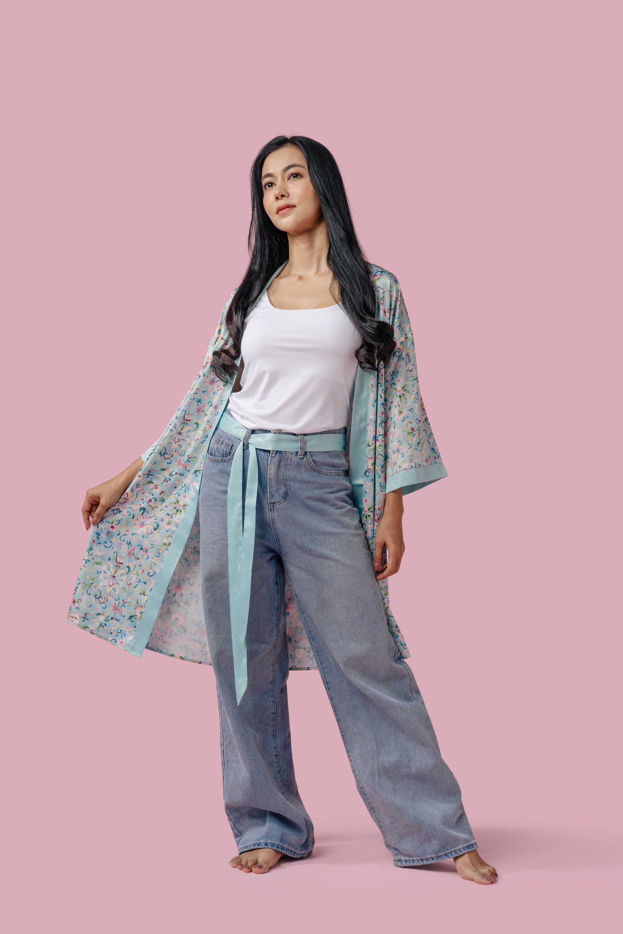 Woman posing in the blue floral kimono 