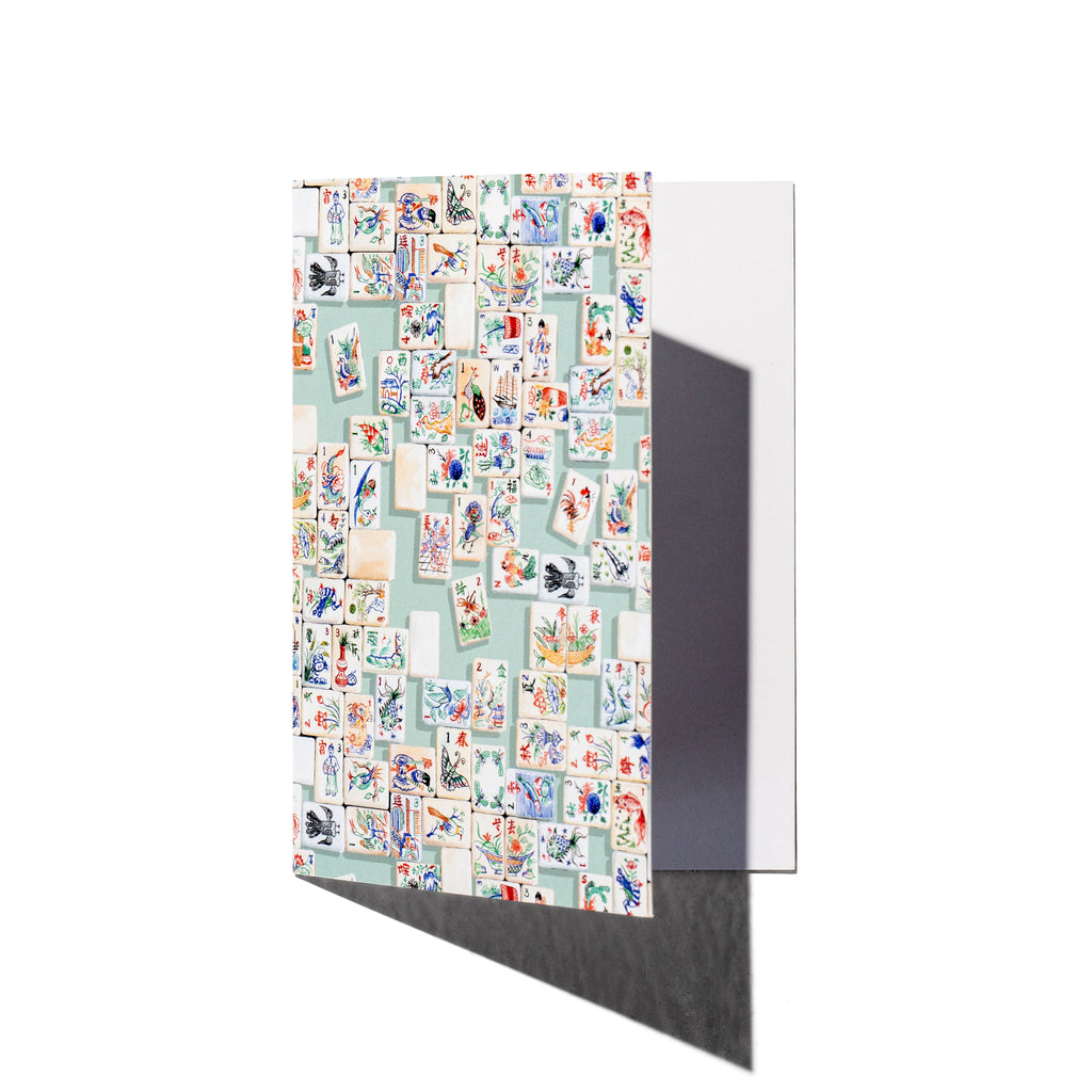 Singlapa greeting card with a colorful watercolor floral grid pattern of mahjong tiles on a white background.
