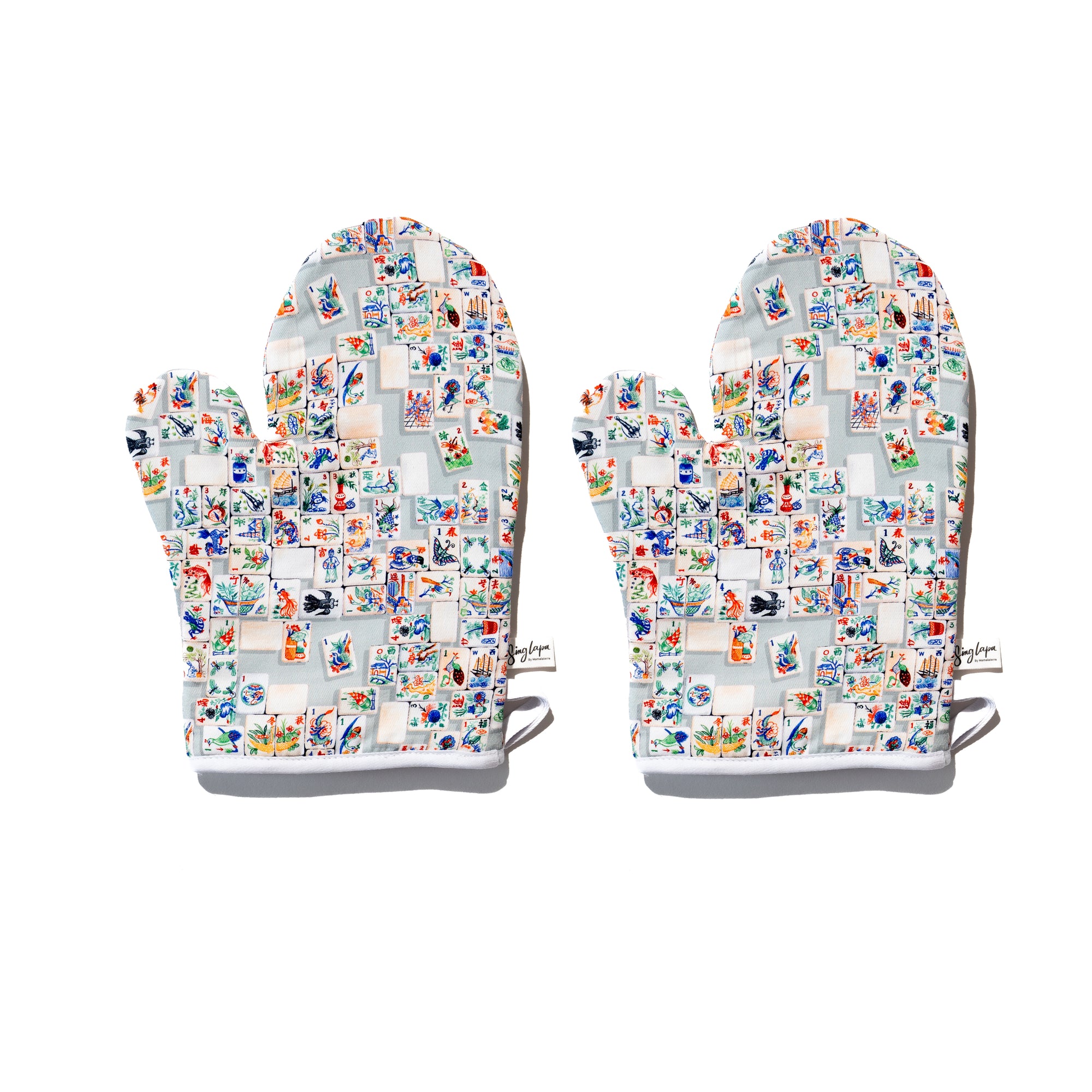 Singlapa oven mitts with mahjong tiles over teal background.