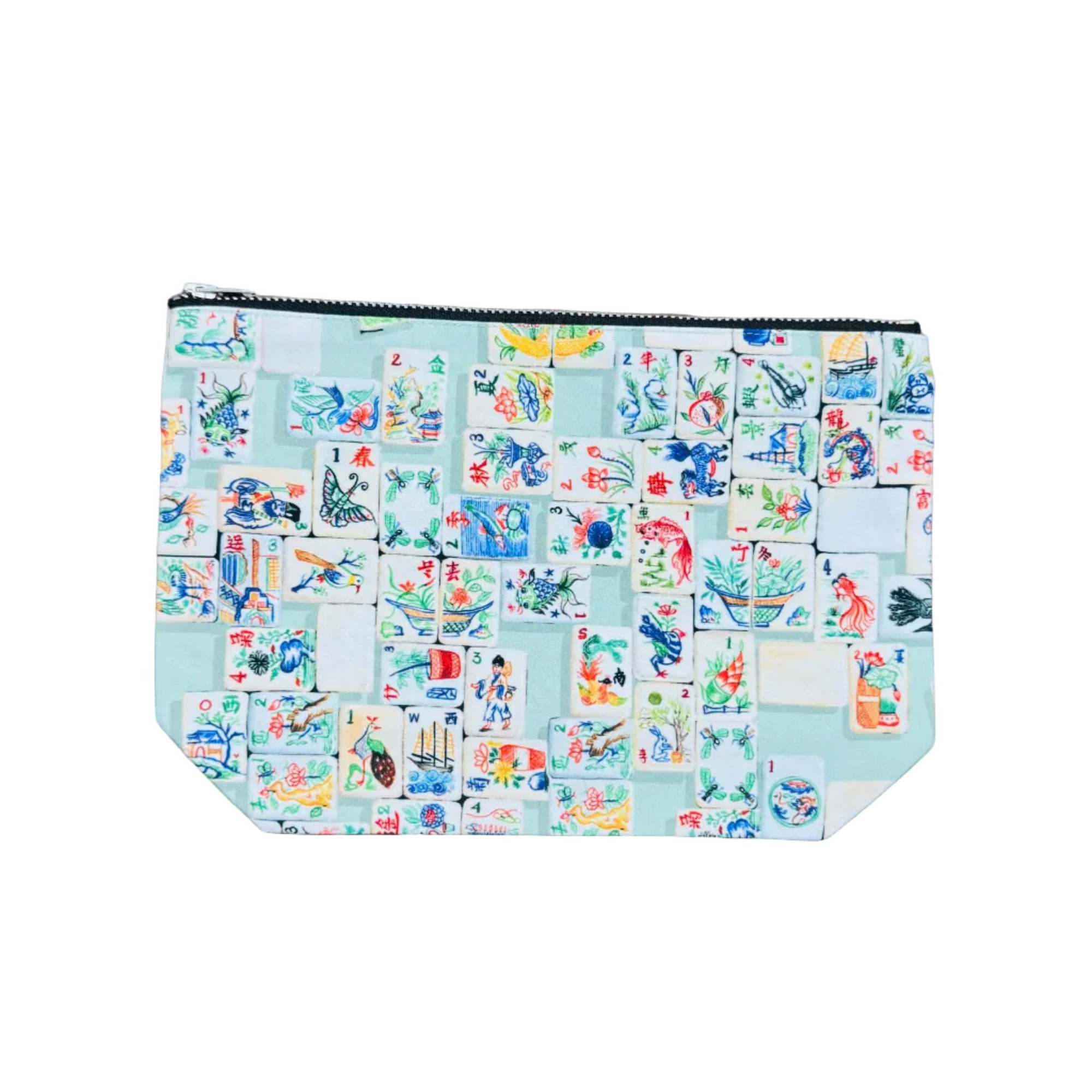 Colorful patterned pouch on a white surface