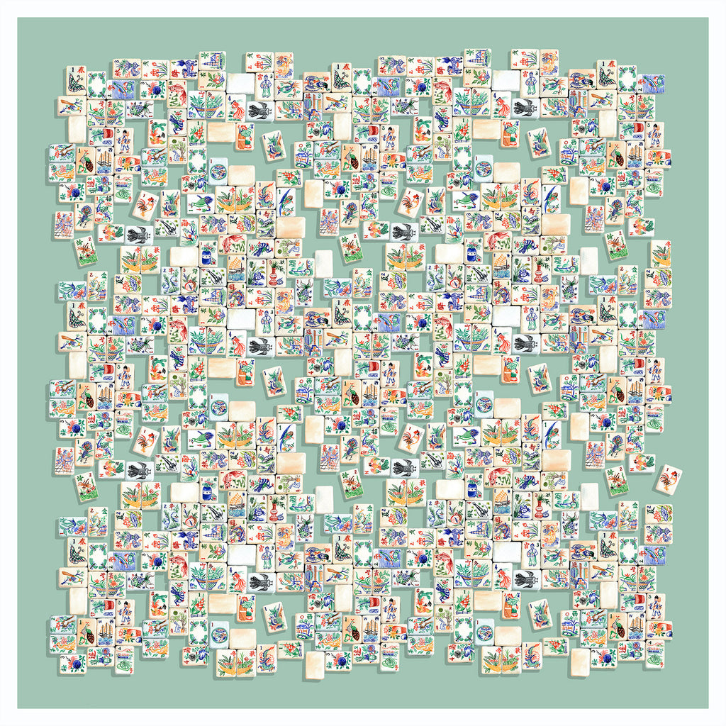 Singlapa Silk scarf with Collection of small, colorful illustrations arranged in a grid pattern on a teal background