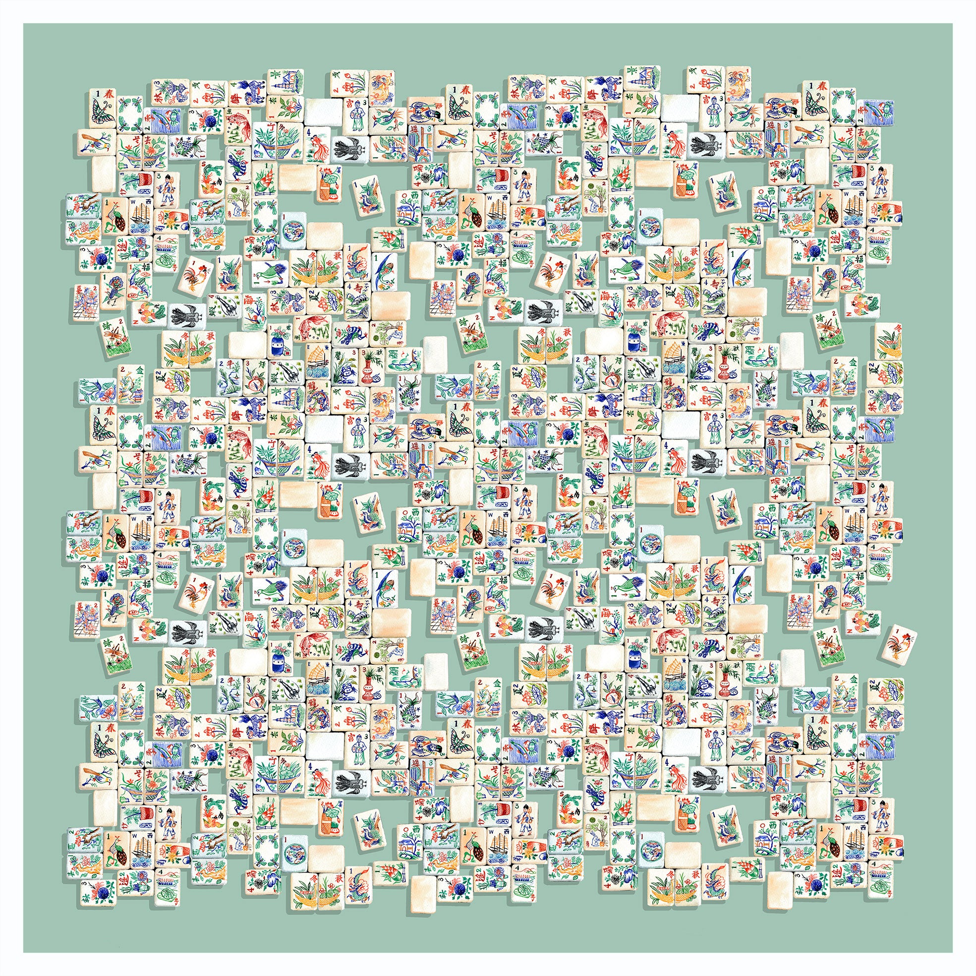 Singlapa Silk scarf with Collection of small, colorful illustrations arranged in a grid pattern on a teal background