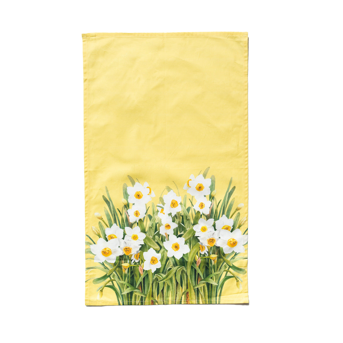 Singlapa tea towel with white flowers and green leaves on a yellow background