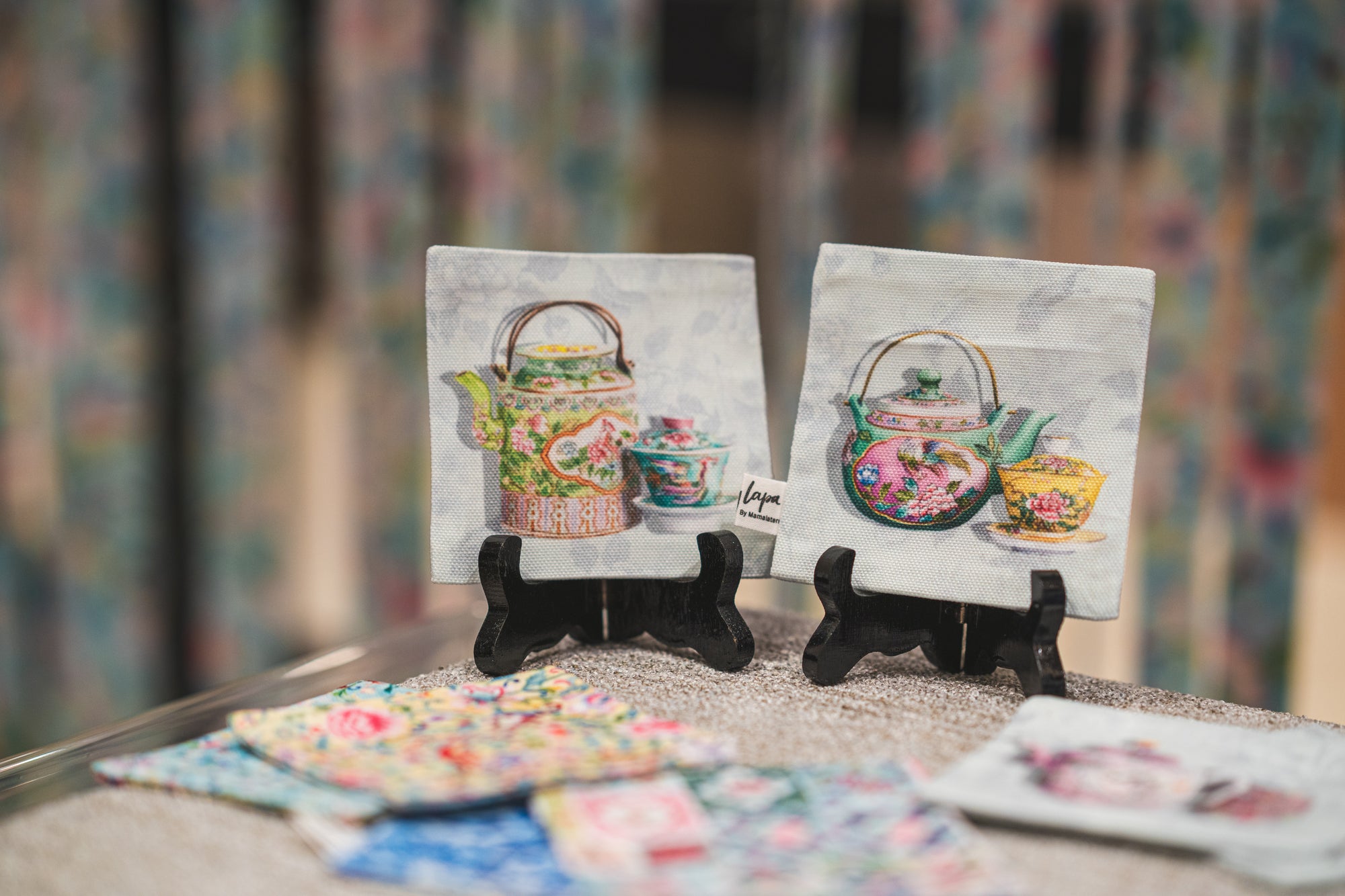 Display of Singlapa's teapot coasters