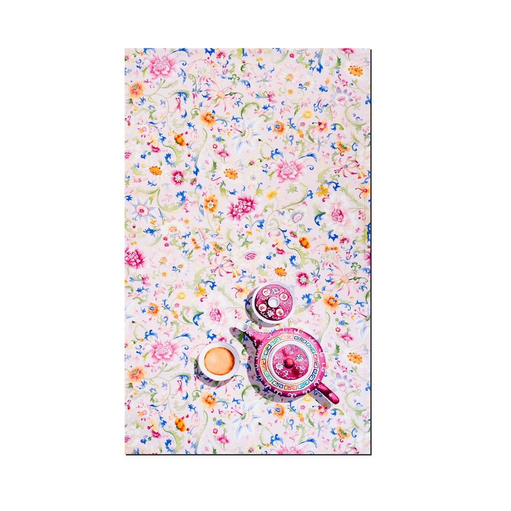 Singlapa tea towel with floral pattern added with a teapot and cup design.