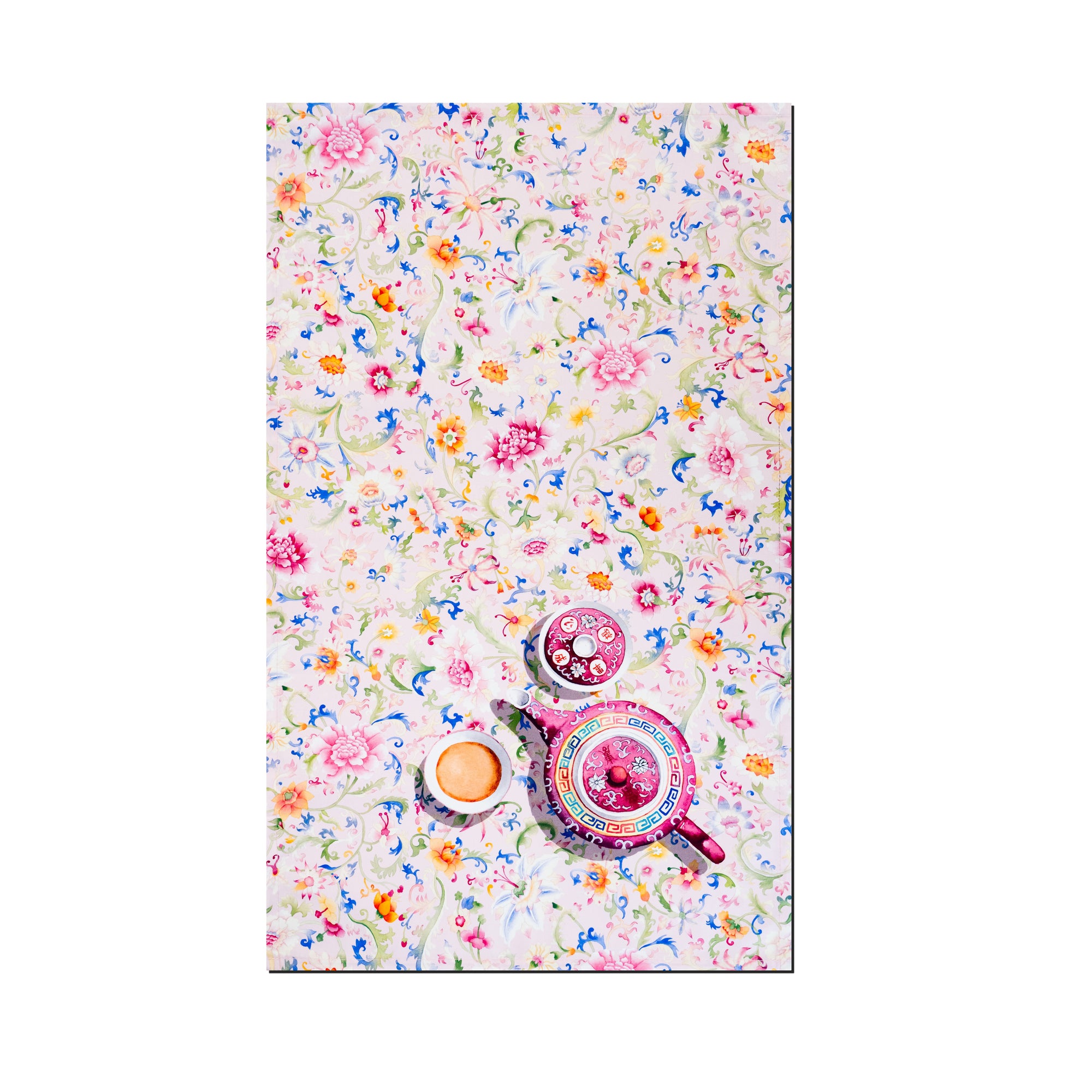 Singlapa tea towel with floral pattern added with a teapot and cup design.