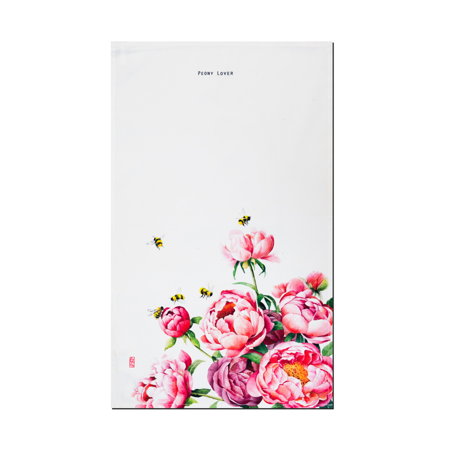 Singlapa tea towel with a Floral design notebook, pink flowers and bees on a white background