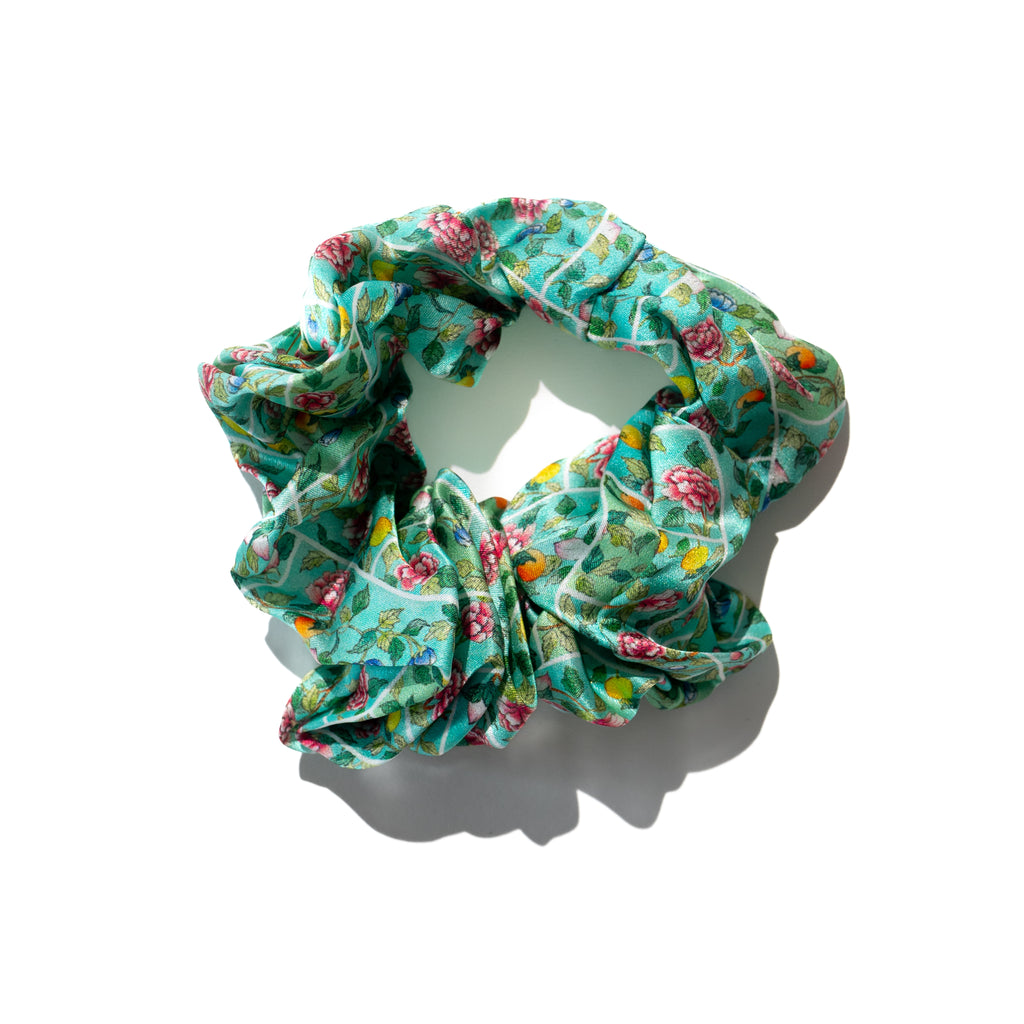 Singlapa green silk scrunchie with peony flowers on tiles 
