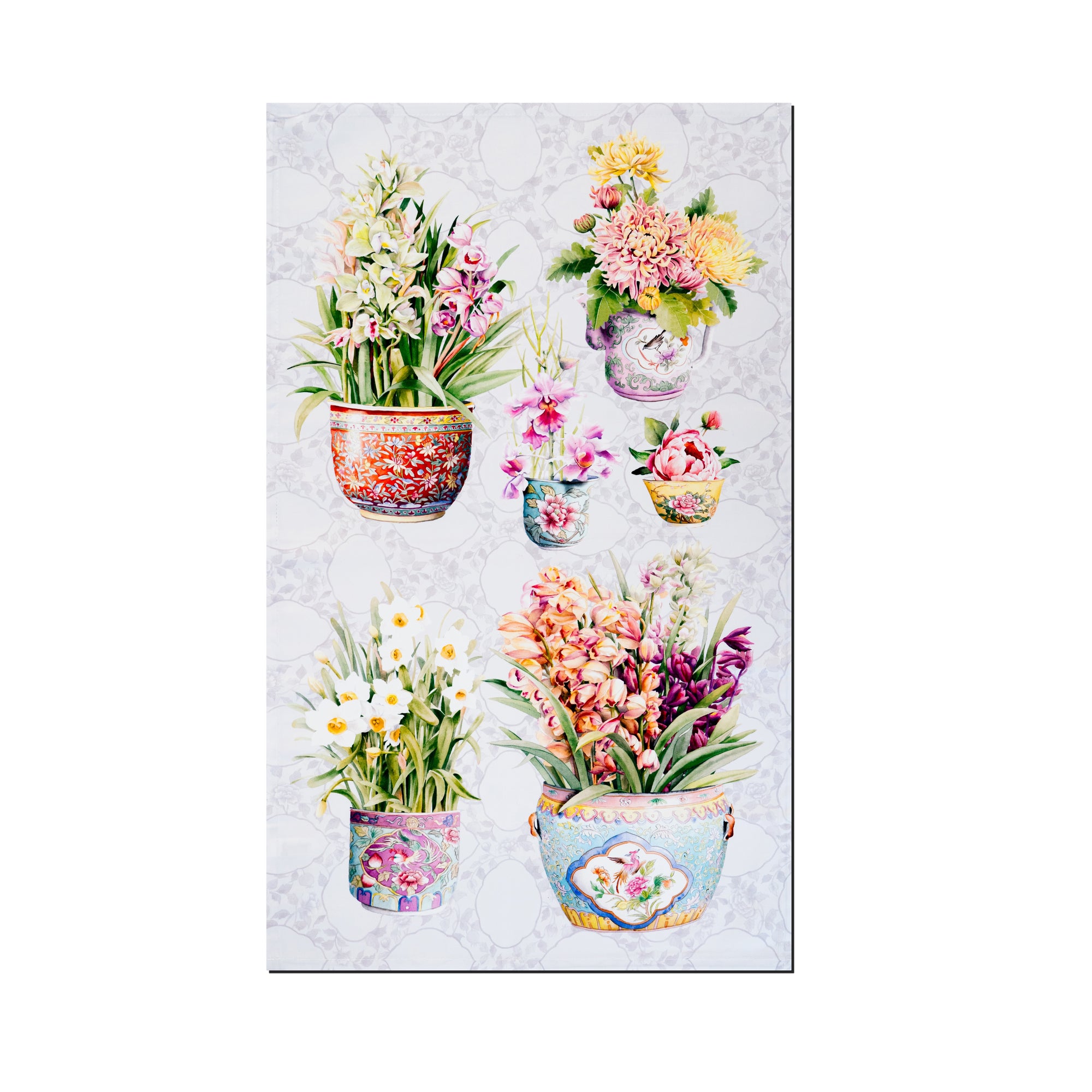 Singlapa tea towel with peranakan porcelains filled with colourful flowers on a patterned background.