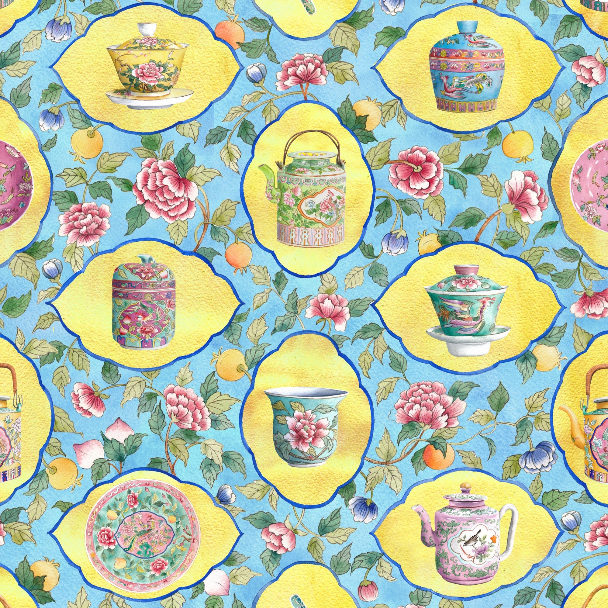 Pattern with peranakan teapots, yellow frames, and flowers on a blue background