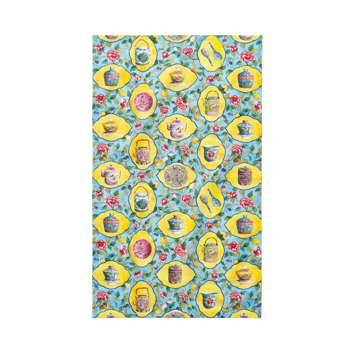 Singlapa tea towel with porcelain in a yellow frame surrounded by flowers on a blue background