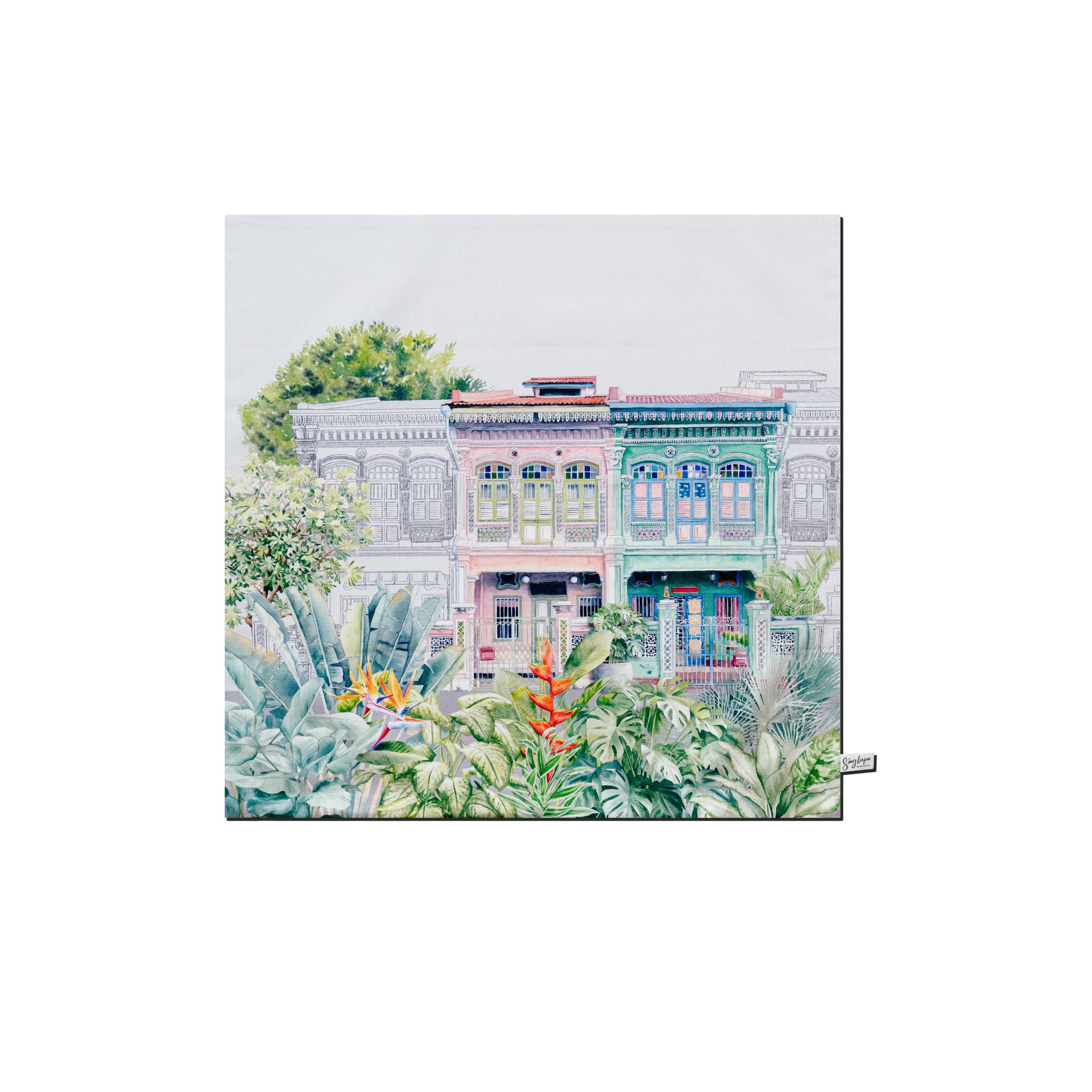 Cushion cover with peranakan shophouses and trees on a white background