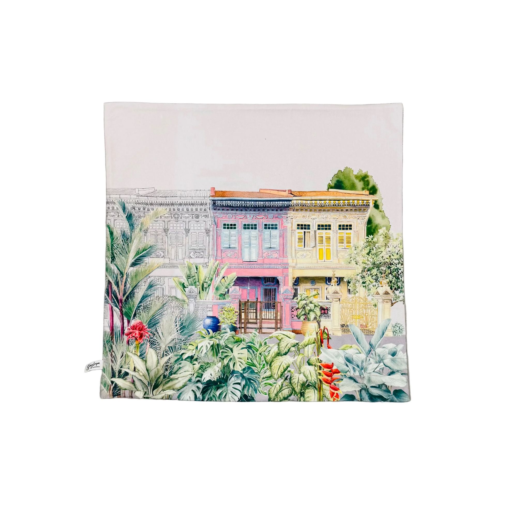 Colorful illustration of a building with tropical plants on a white background