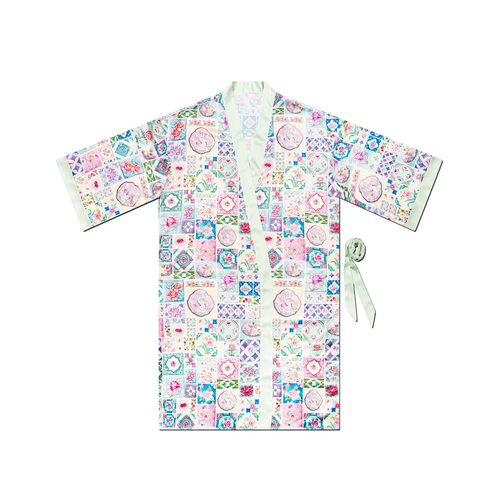Singlapa Floral peranakan tile inspired pattern robe on a white background