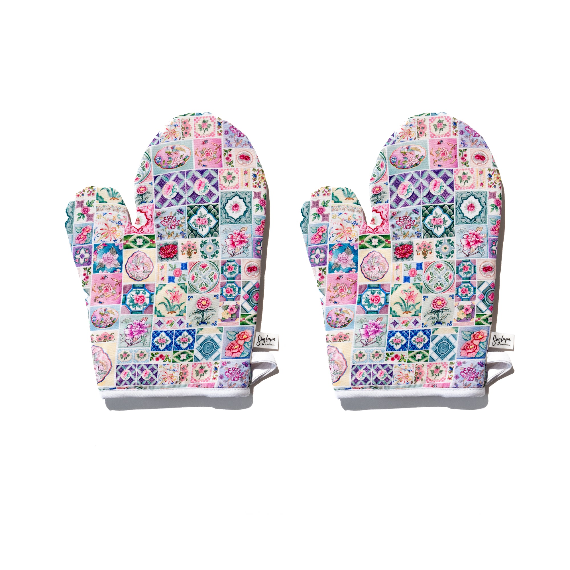 Singlapa oven mitts featuring a colorful floral tile design on a white background.