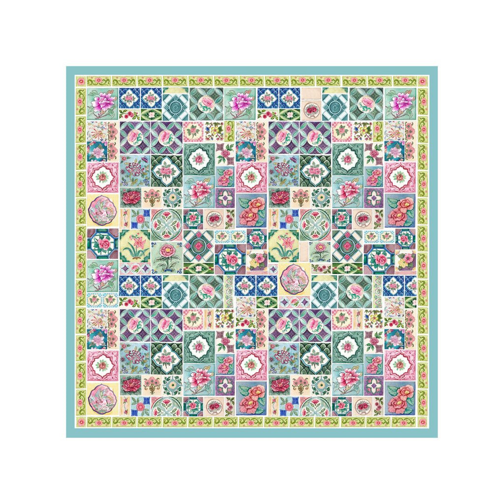 Singlapa multicolored pocket square with intricate traditional Peranakan tile designs, featuring a variety of floral patterns and geometric motifs.