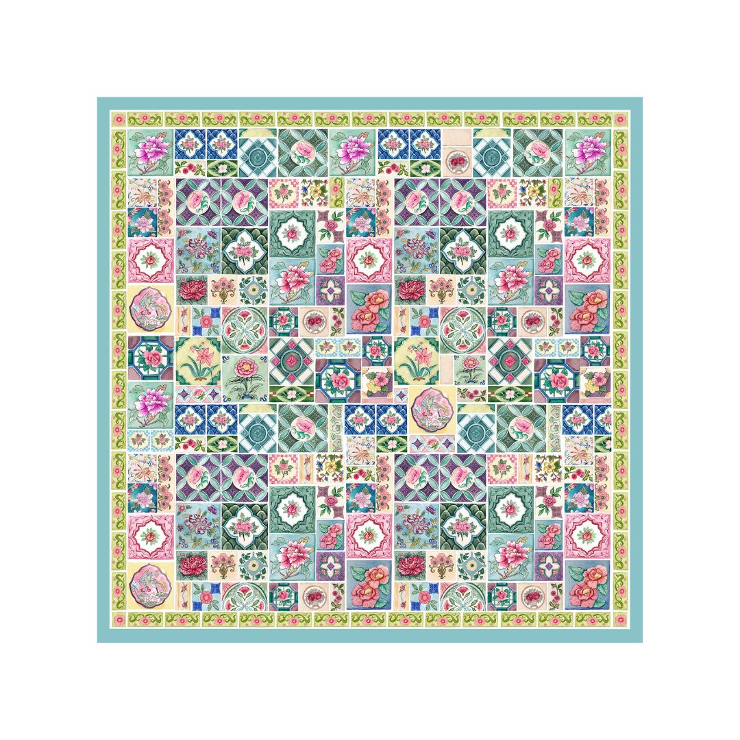 Singlapa multicolored pocket square with intricate traditional Peranakan tile designs, featuring a variety of floral patterns and geometric motifs.