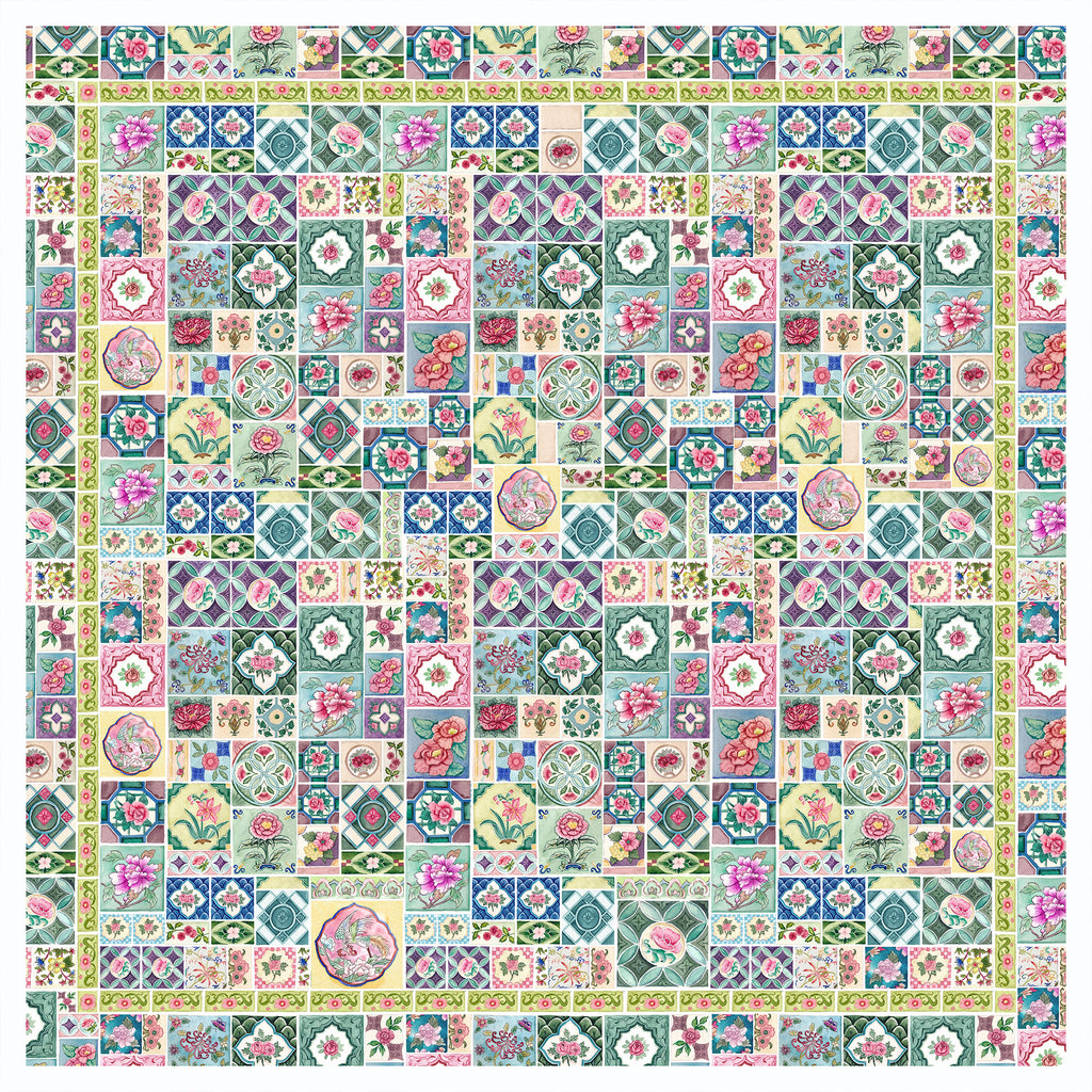 Singlapa silk scarf with patterned tile design with various floral and geometric designs