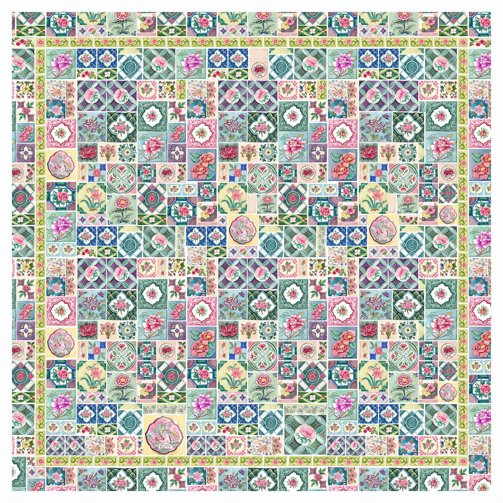 Singlapa silk scarf with patterned tile design with various floral and geometric designs