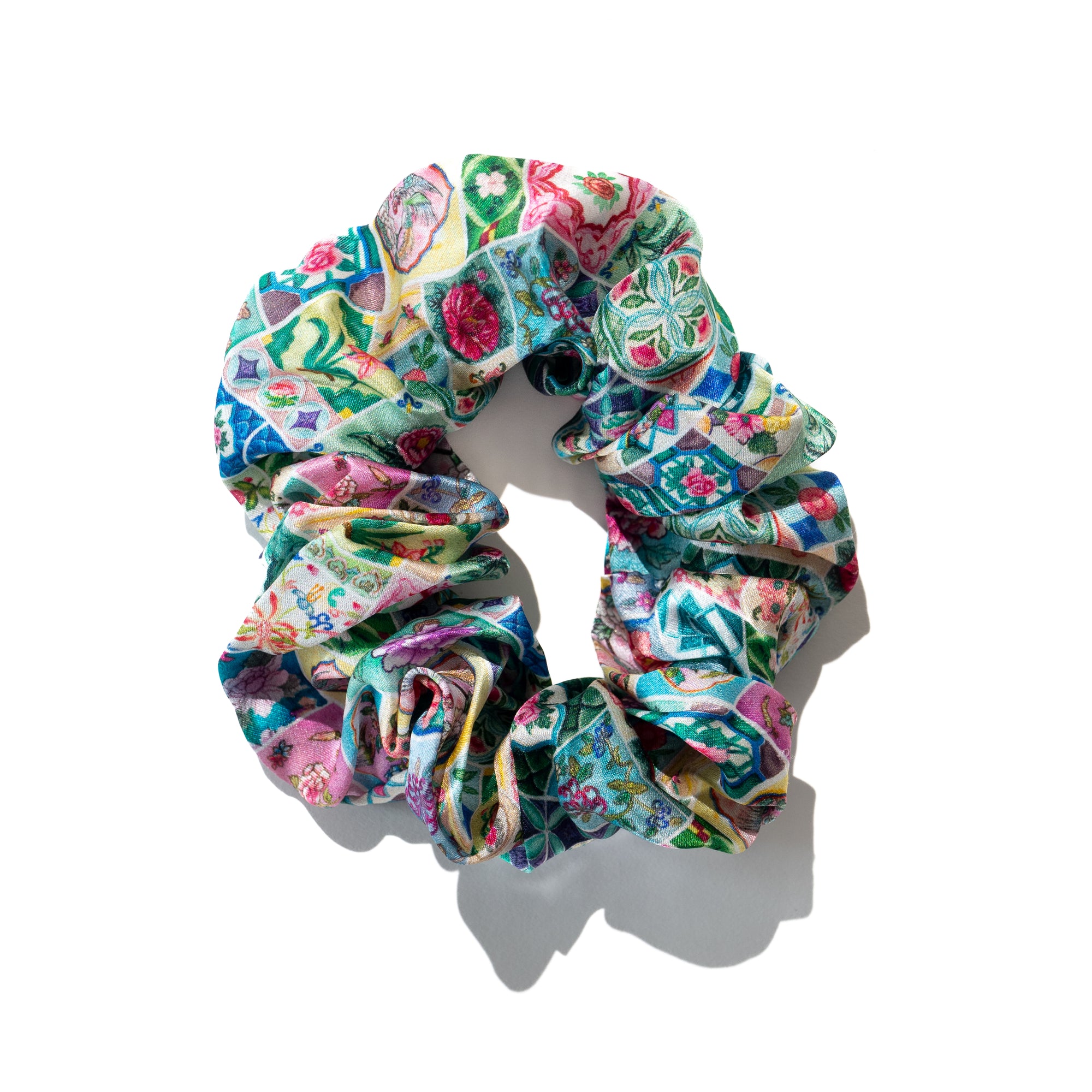 Singlapa multicolour silk scrunchie with peranakan inspired tile design with flowers