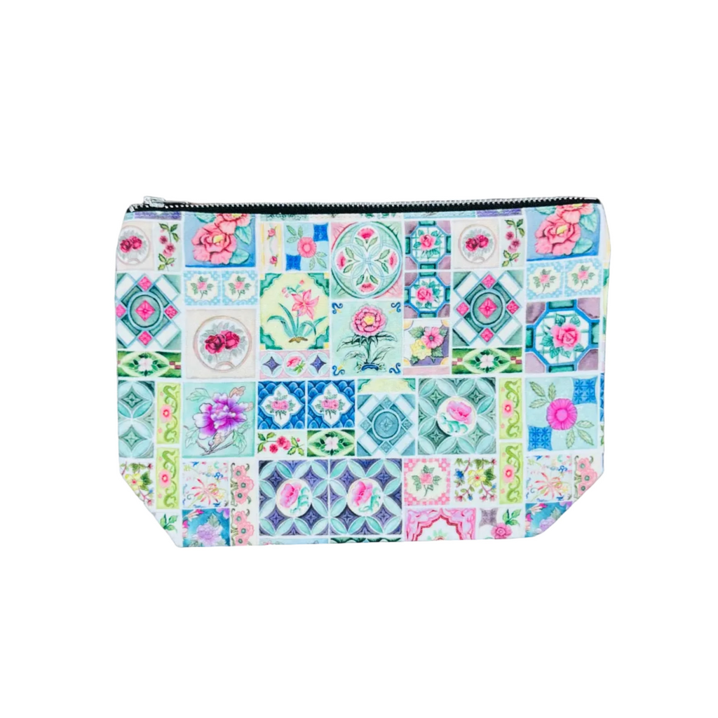 Colorful patchwork pouch on a white surface