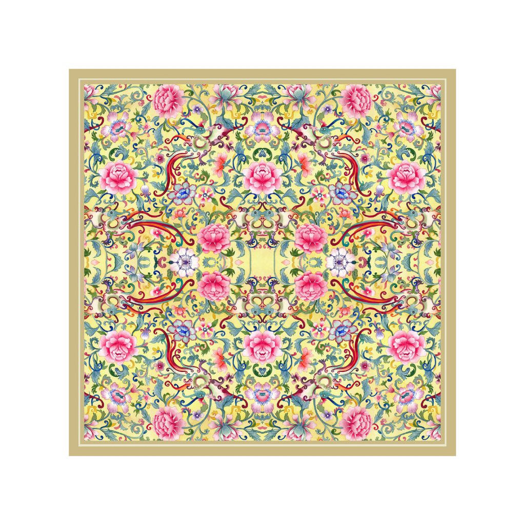 Singlapa multicolored pocket square with a hand-painted phoenix design on a silk background, featuring various flowers.