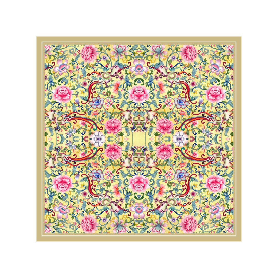 Singlapa multicolored pocket square with a hand-painted phoenix design on a silk background, featuring various flowers.