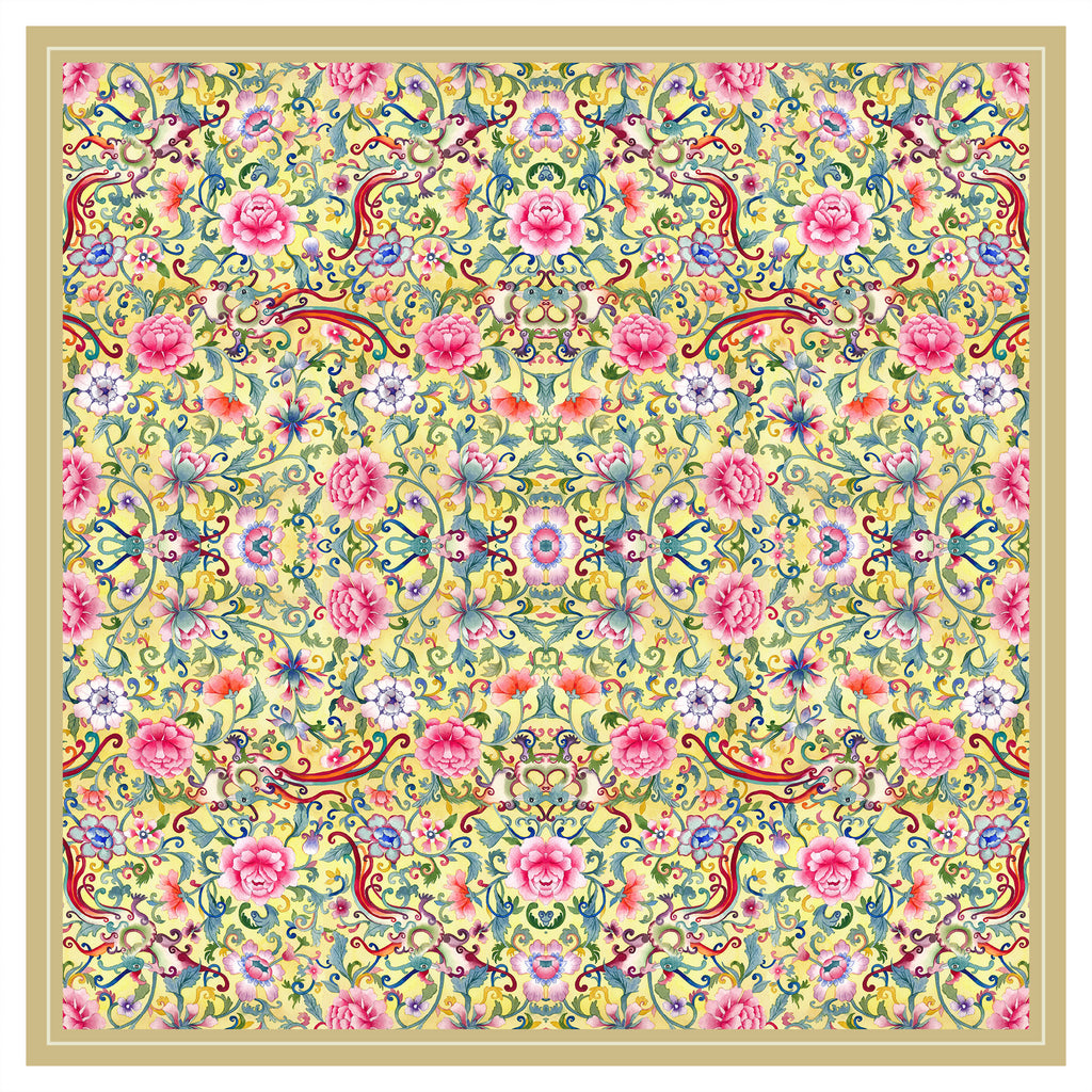 Singlapa Yellow silk scarf with a Colorful floral and decorative pattern