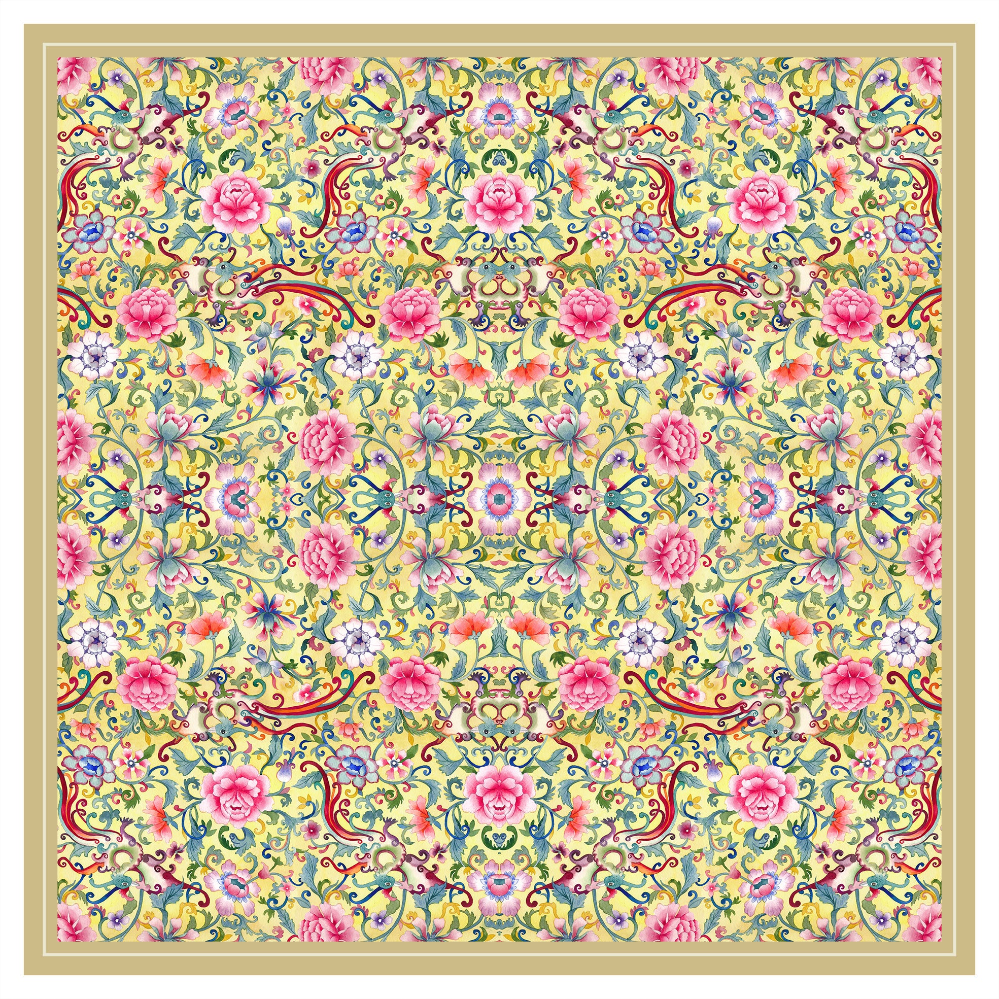 Singlapa Yellow silk scarf with a Colorful floral and decorative pattern
