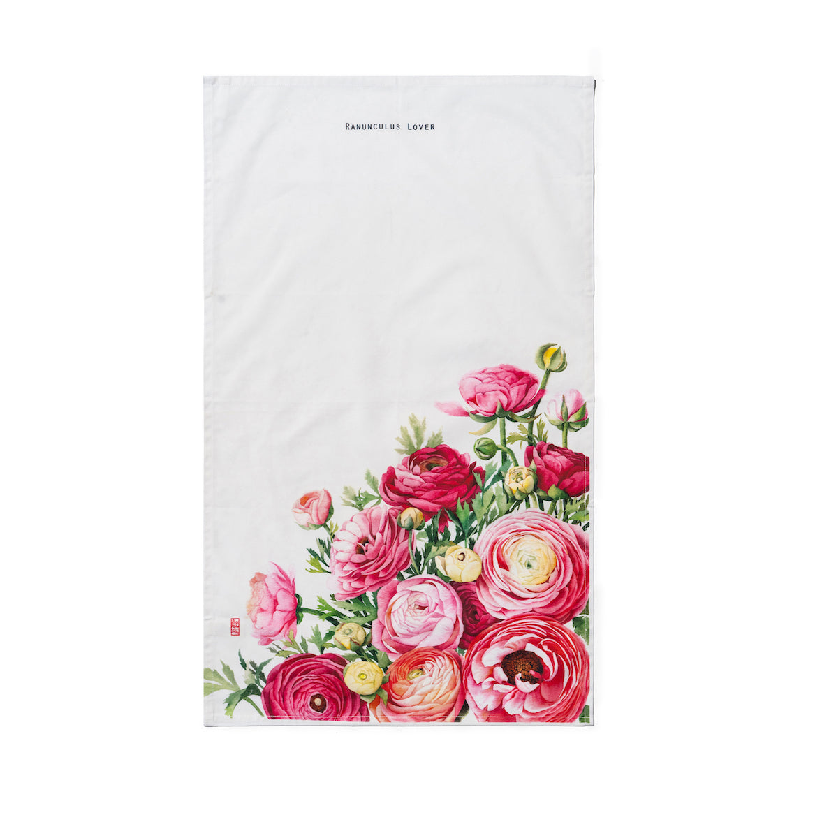 Singlapa tea towel with a floral pattern featuring ranunculus flowers in pink and red shades on a white background.