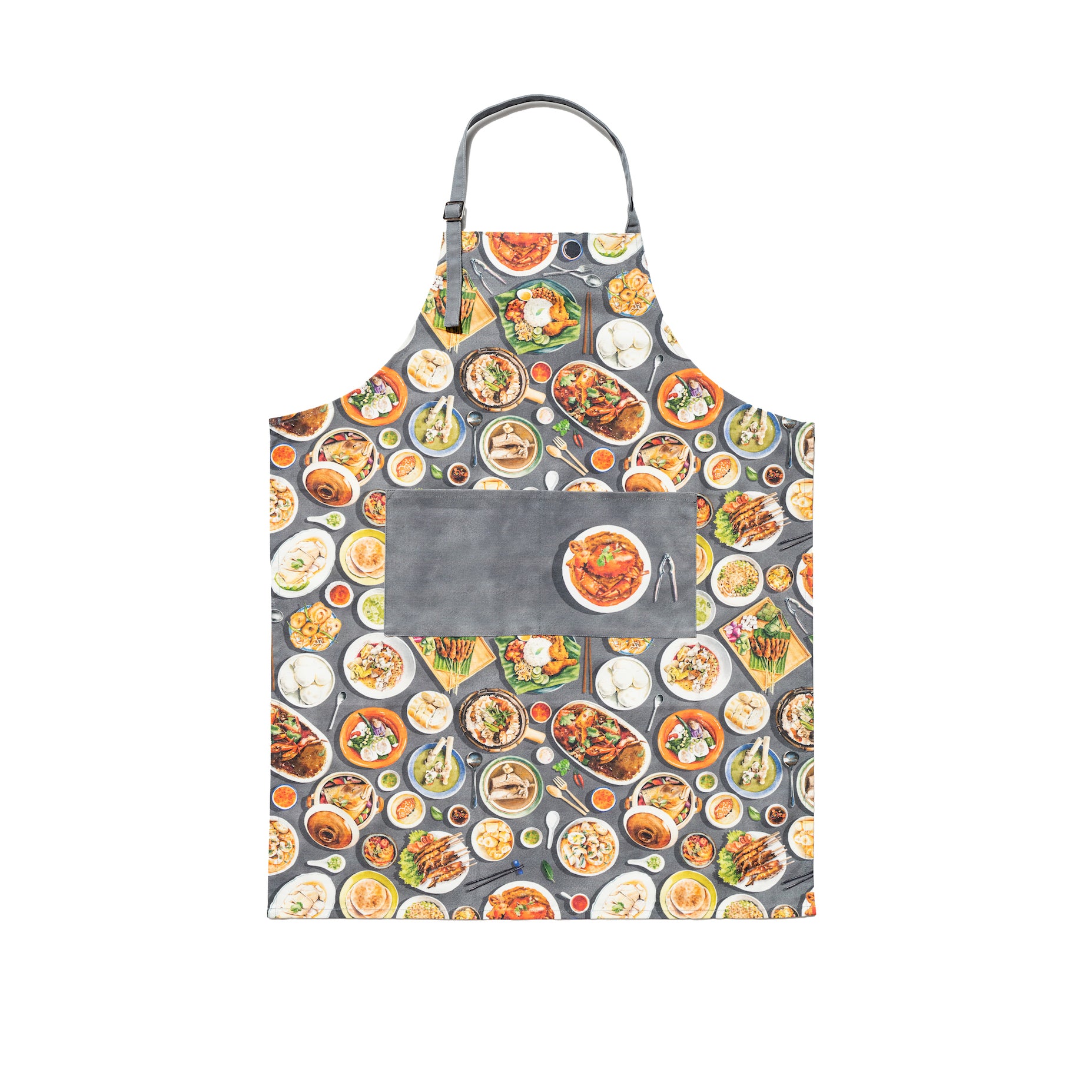 Singlapa multicolored apron featuring a pattern of various Singaporean hawker foods such as chili crab, bak chor mee, and chicken rice.