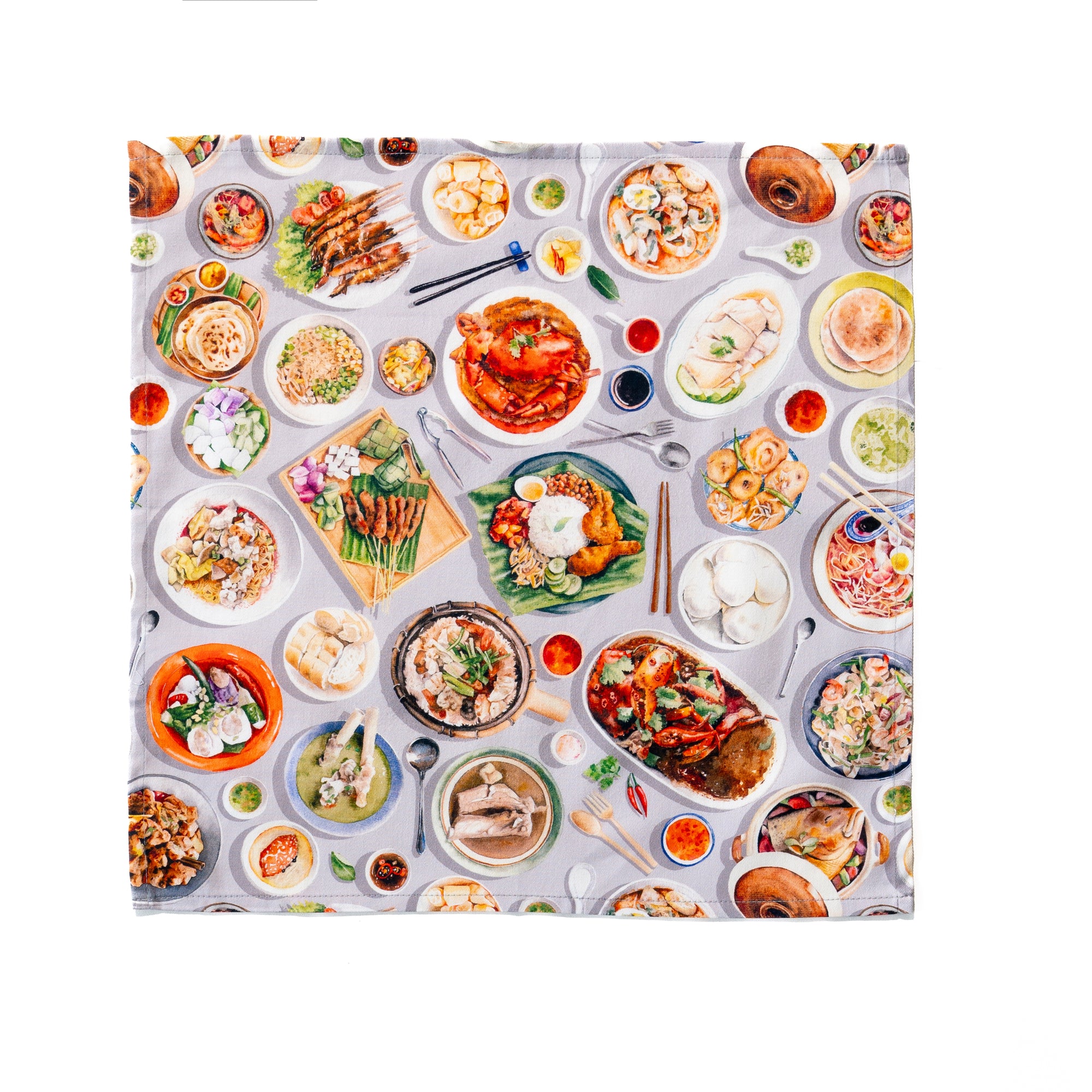 Singlapa napkin with a vibrant print of various Singaporean hawker food dishes.