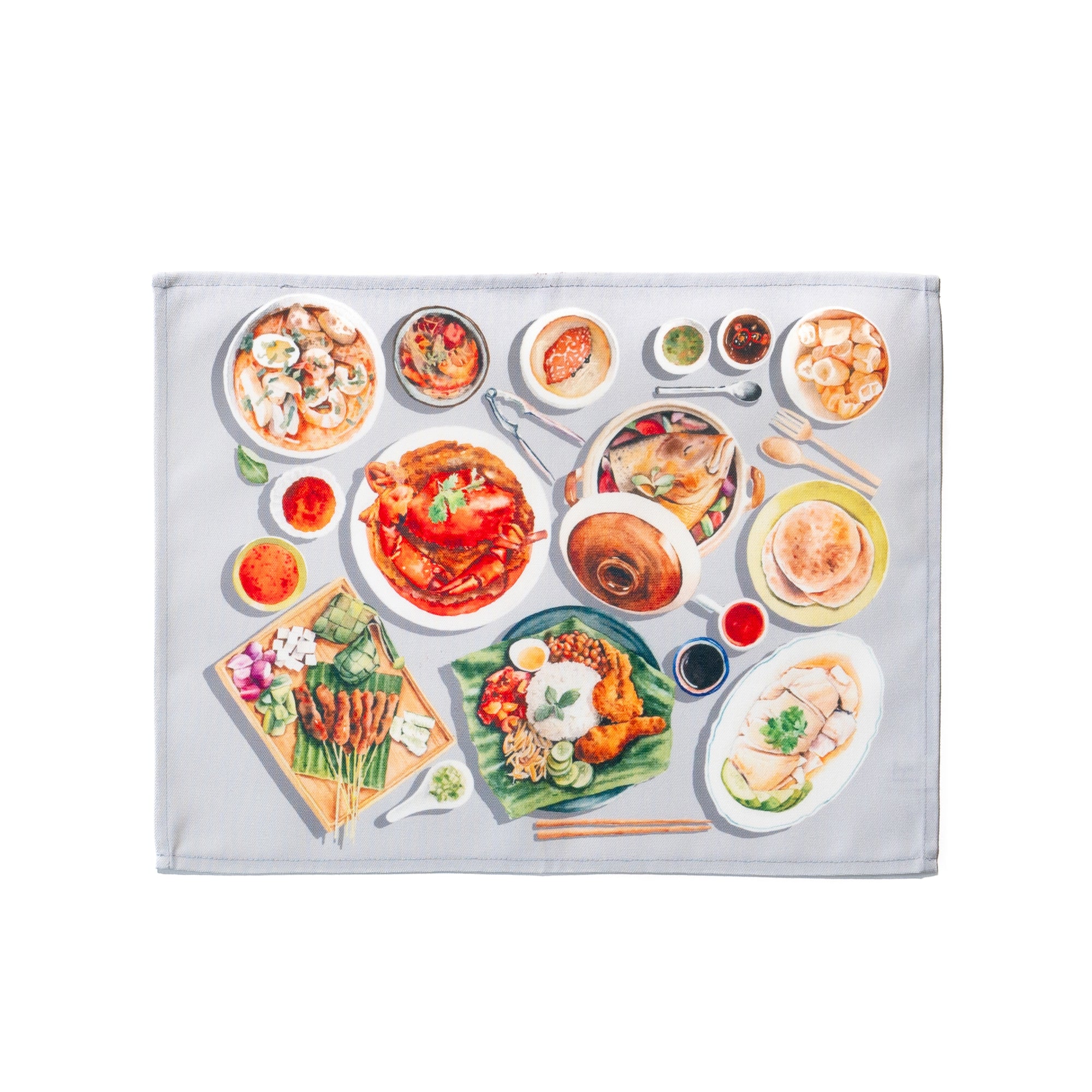 Singlapa placemat featuring an illustration of various Singapore hawker dishes.