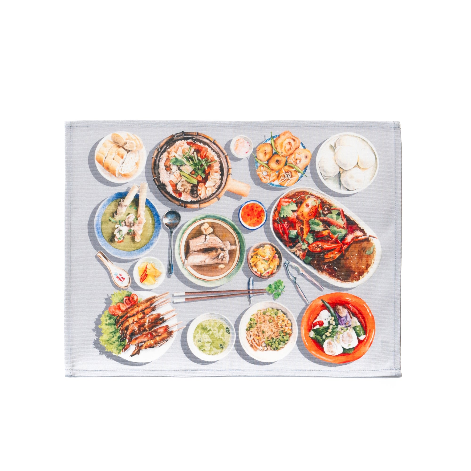 Singlapa placemat featuring an illustration of various Singapore hawker dishes.