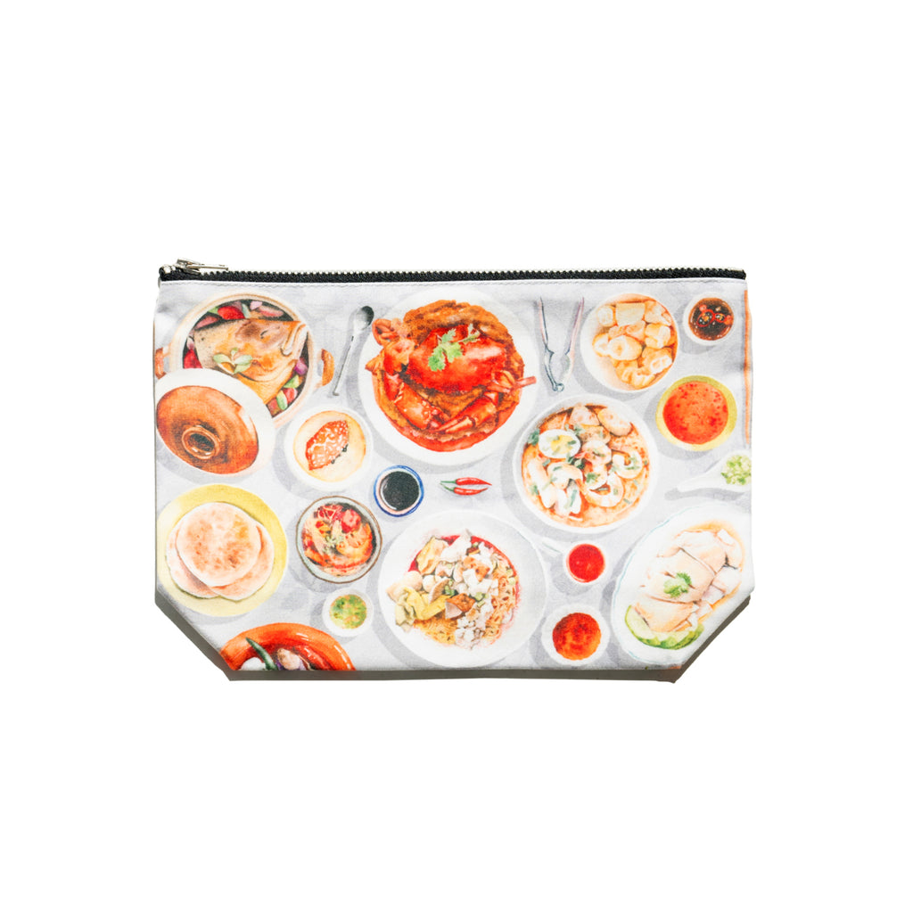 Singlapa multicolored pouch with a food-themed design showcasing various dishes, featuring a zipper closure at the top.