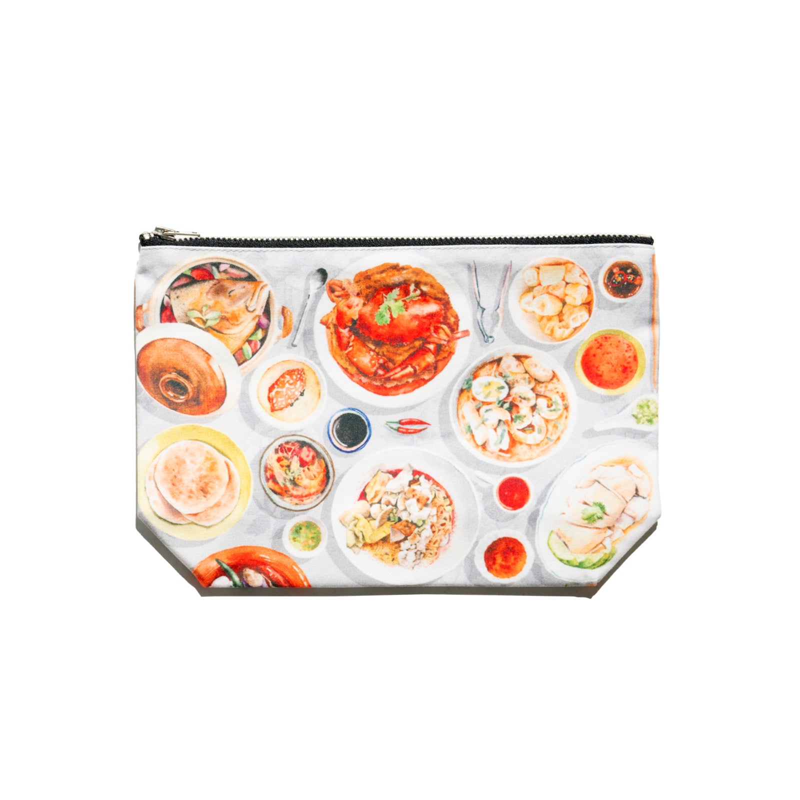 Singlapa multicolored pouch with a food-themed design showcasing various dishes, featuring a zipper closure at the top.