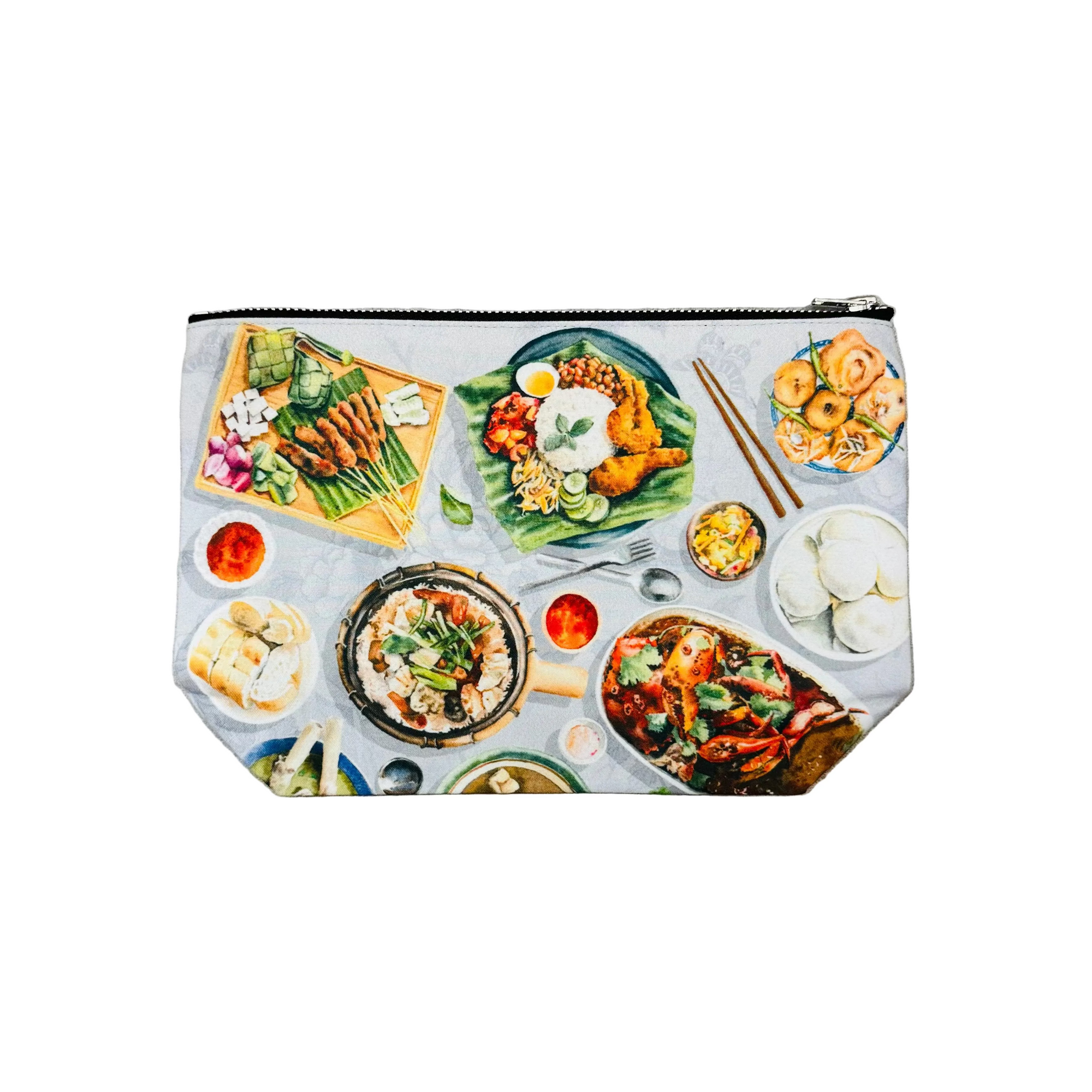 Pouch with singapore food-themed design on a white background