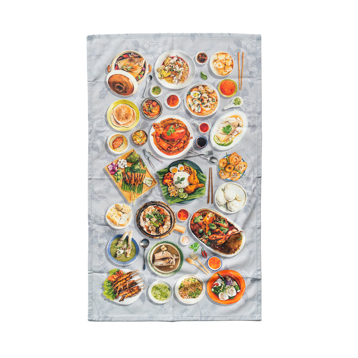 Singlapa tea towel featuring various Singaporean hawker food dishes in a gray light background.