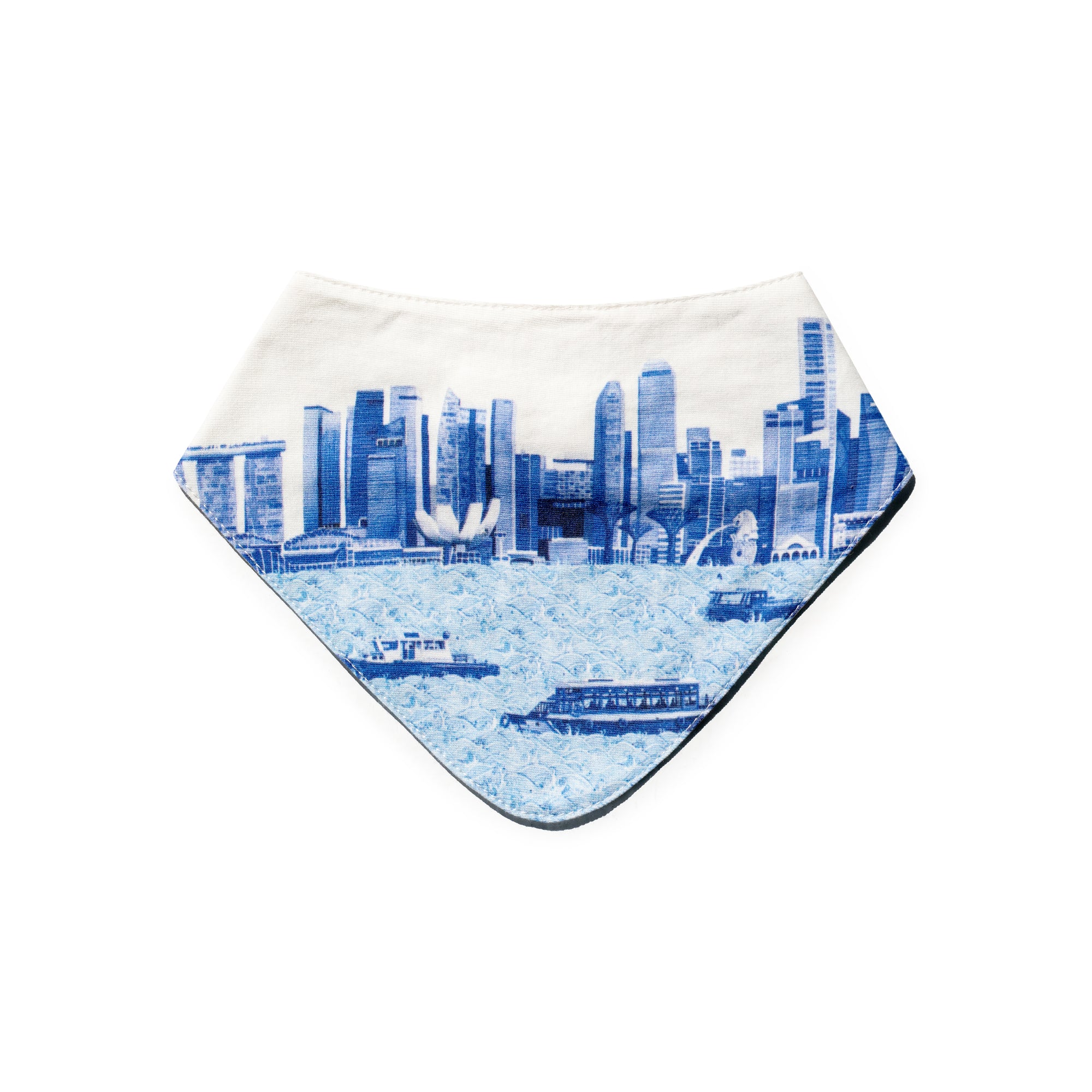 Singlapa white baby bibs with singapore city skyline design in blue