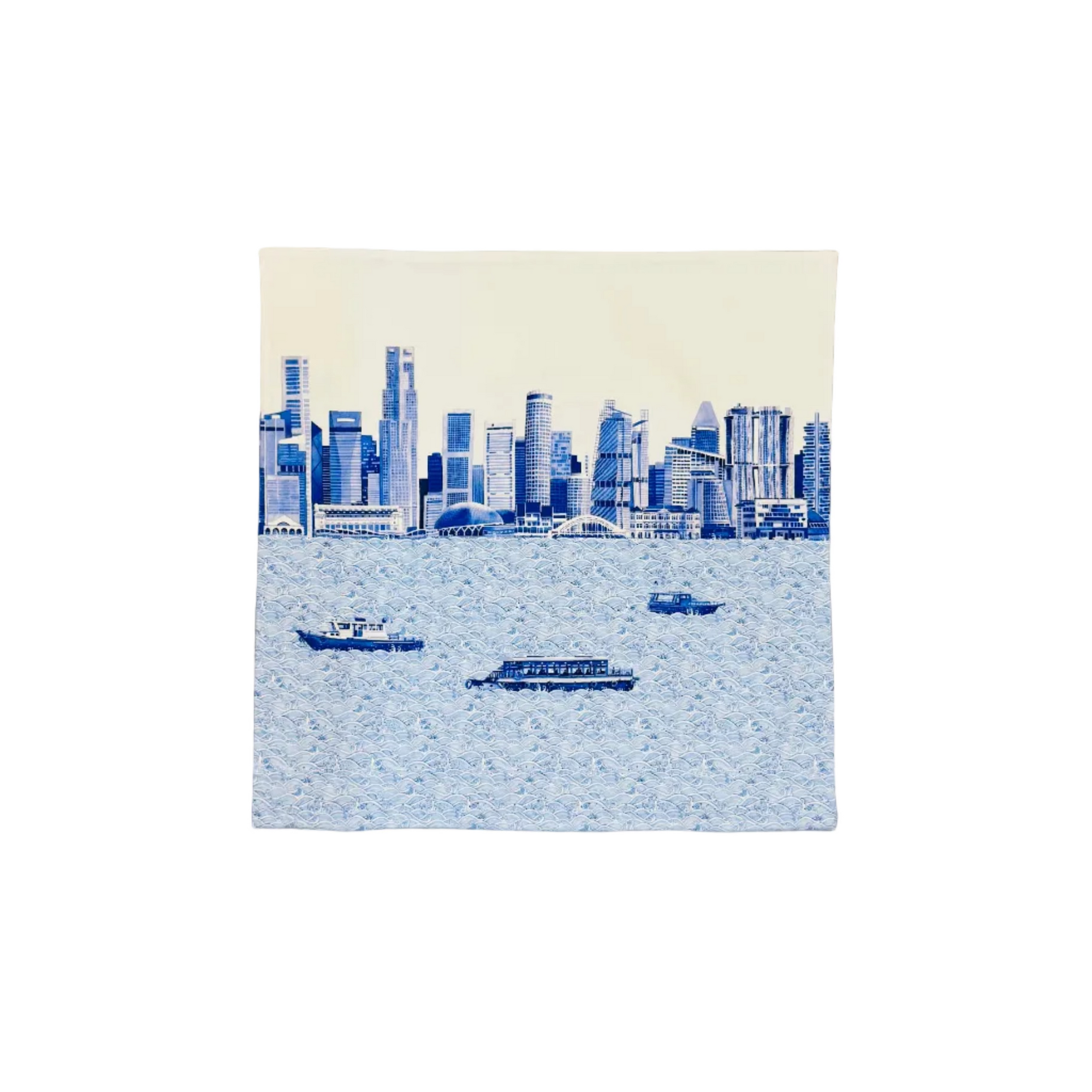 Cushion Cover of a city skyline with boats on a white background.
