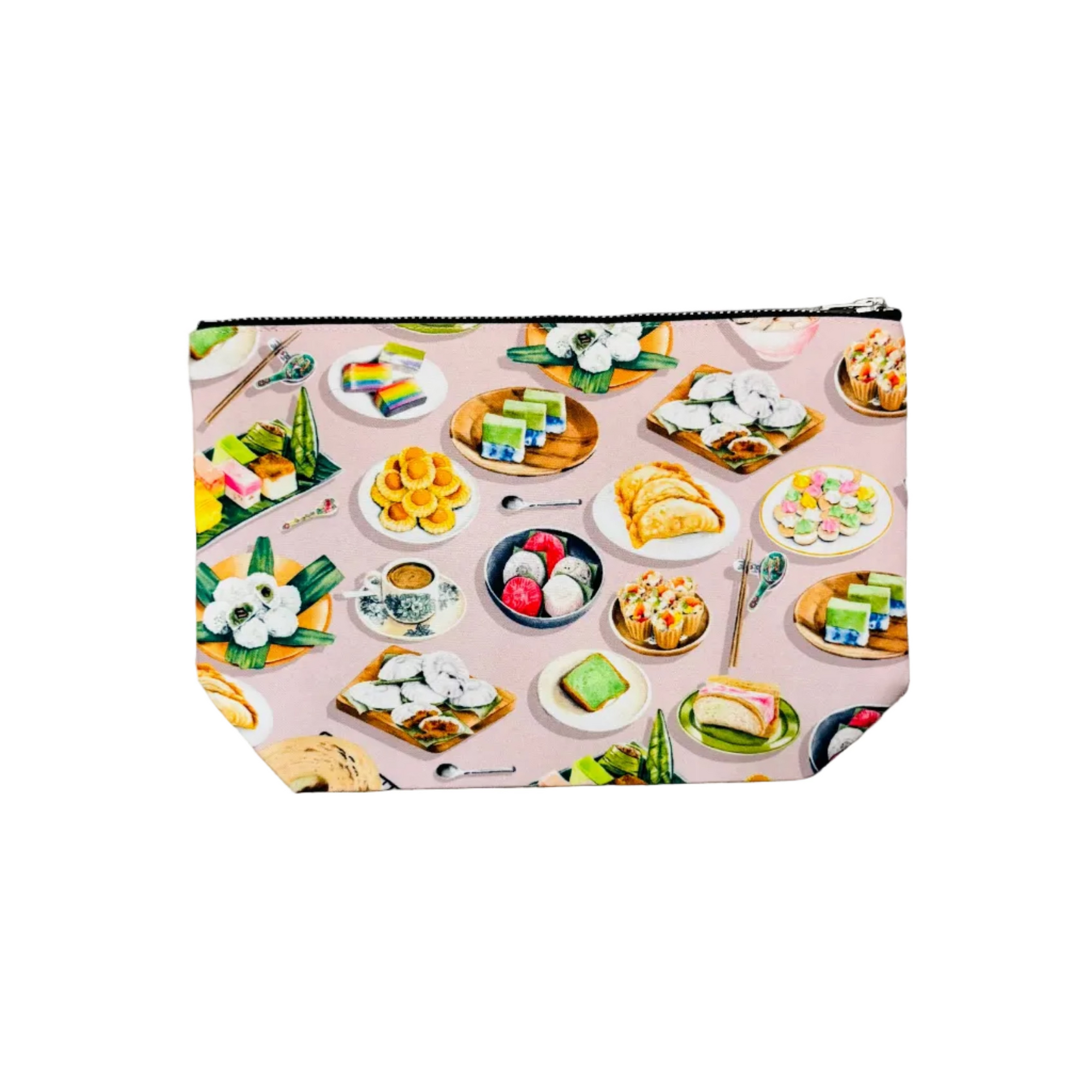 Pouch with singapore iconic snacks illustration pattern on a white surface