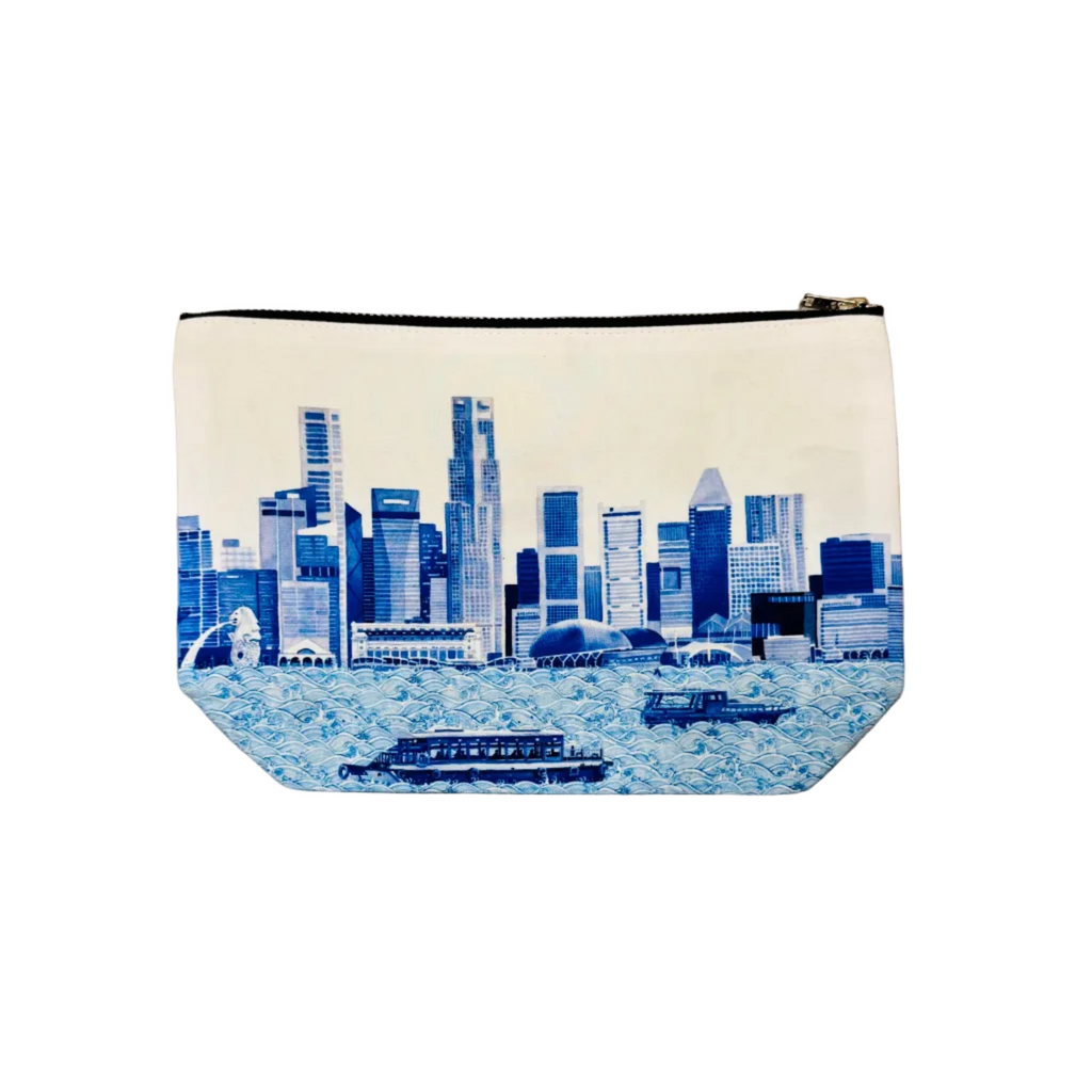 Pouch with a city skyline design on a white background
